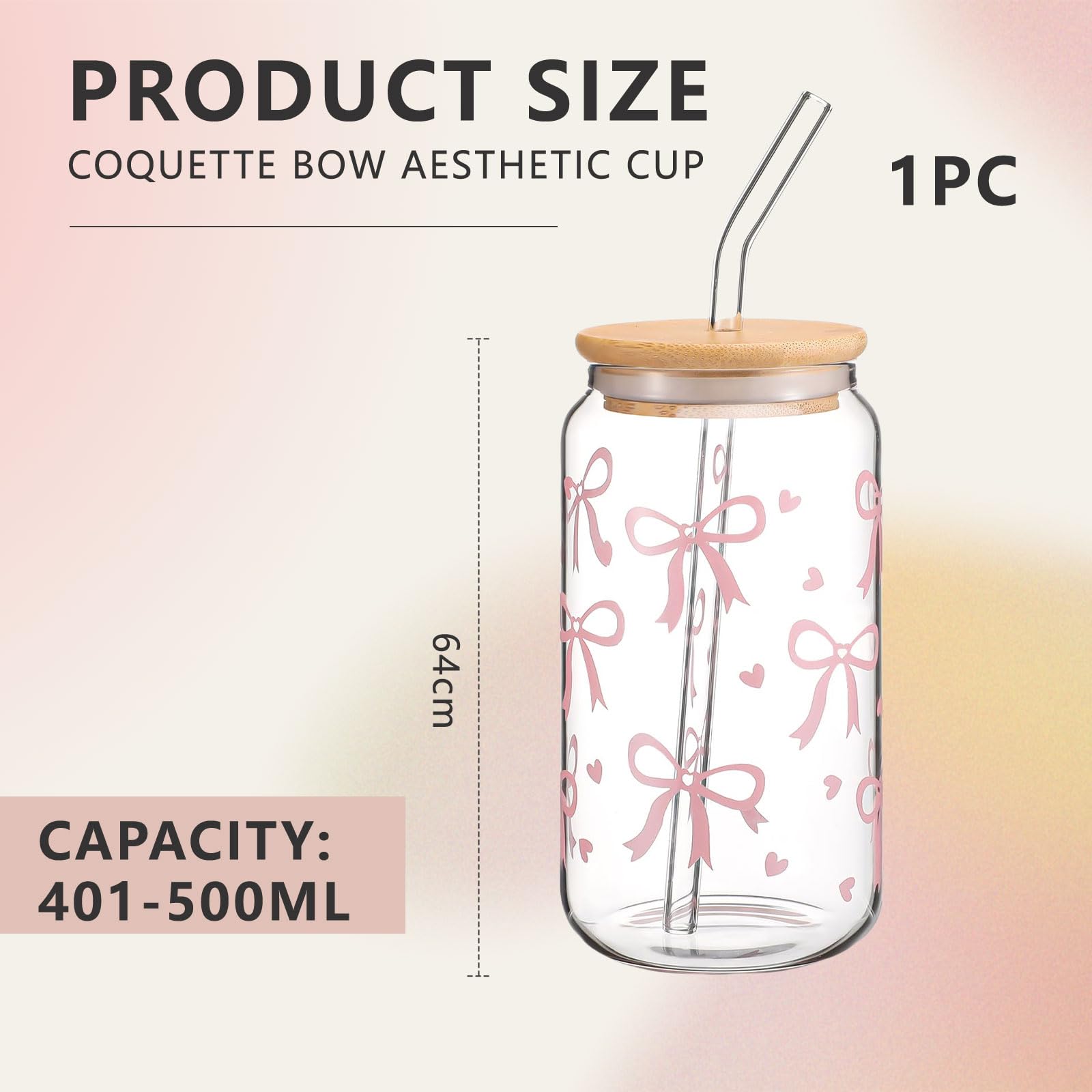 Gobelet En Verre Cosmeria Nœud Rose 16 Oz Avec Couvercle Et Paille - Ensemble Cadeau