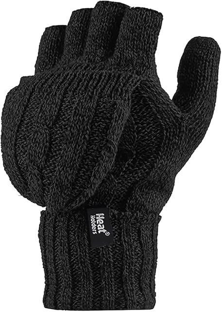 HEAT HOLDERS - Womens Thermal Converter Fingerless Cable Knit 2.3 tog Gloves (Black)