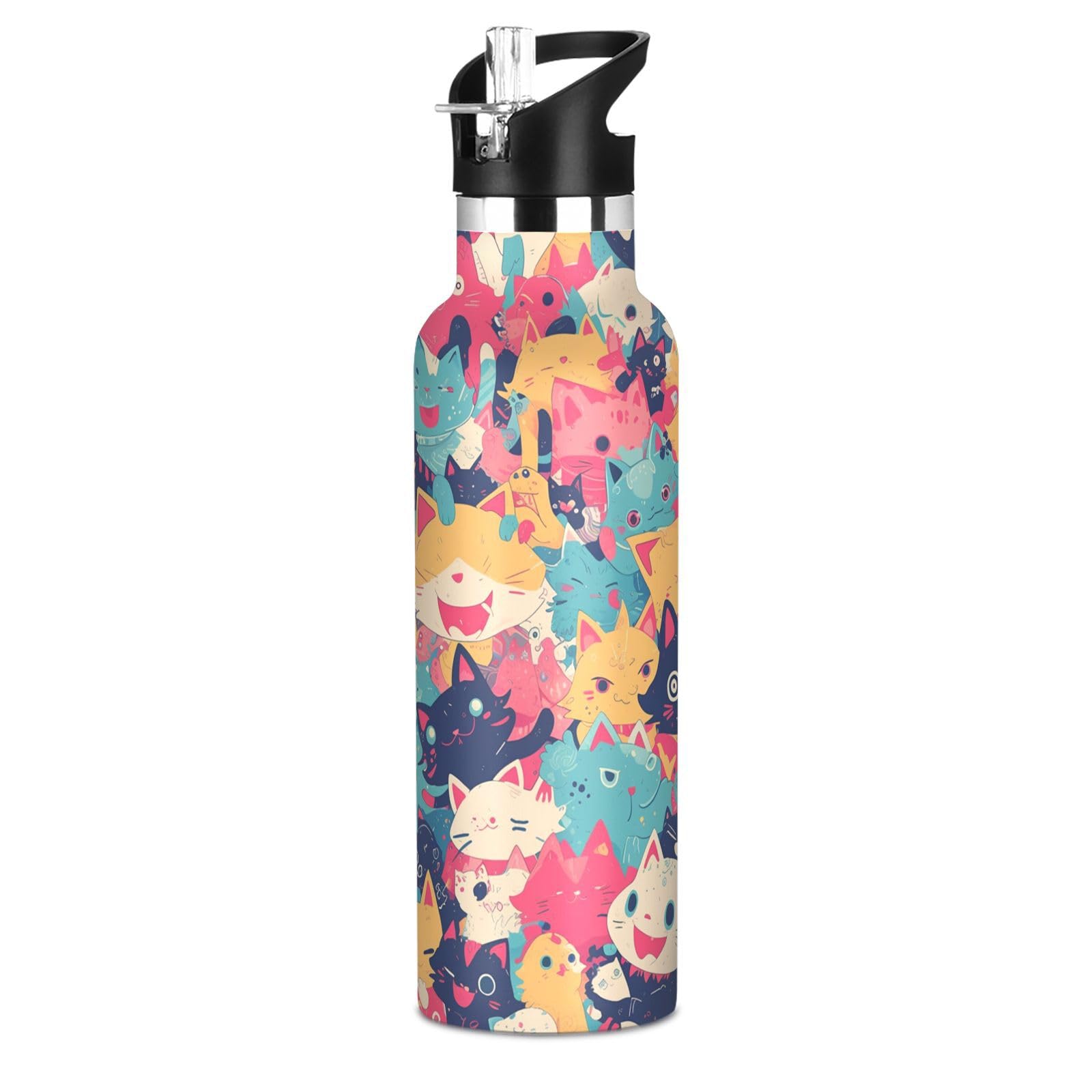 Kaaviyo Boys Pattern Multicolor Cats Kitty Fun Water Bottle Stainless Steel Jug Insulated Vacuum Cup For Girls(600Ml)