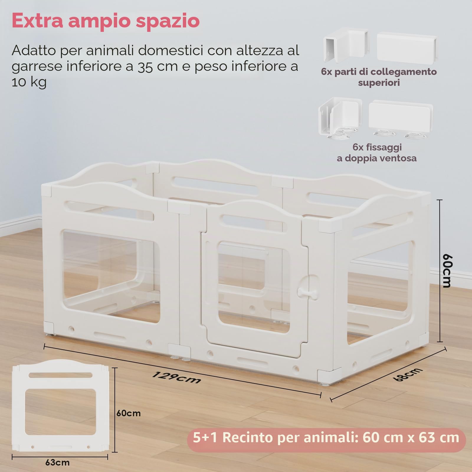 Clevich Recinto per Cani da Interno in Acrilico 129 × 68 × 60 cm, 5 PCS +1 Pannelli con Porta a Chiusura, Recinto per Cani Pieghevole con Ventose, Parco adatto per Appartamento, Bianco