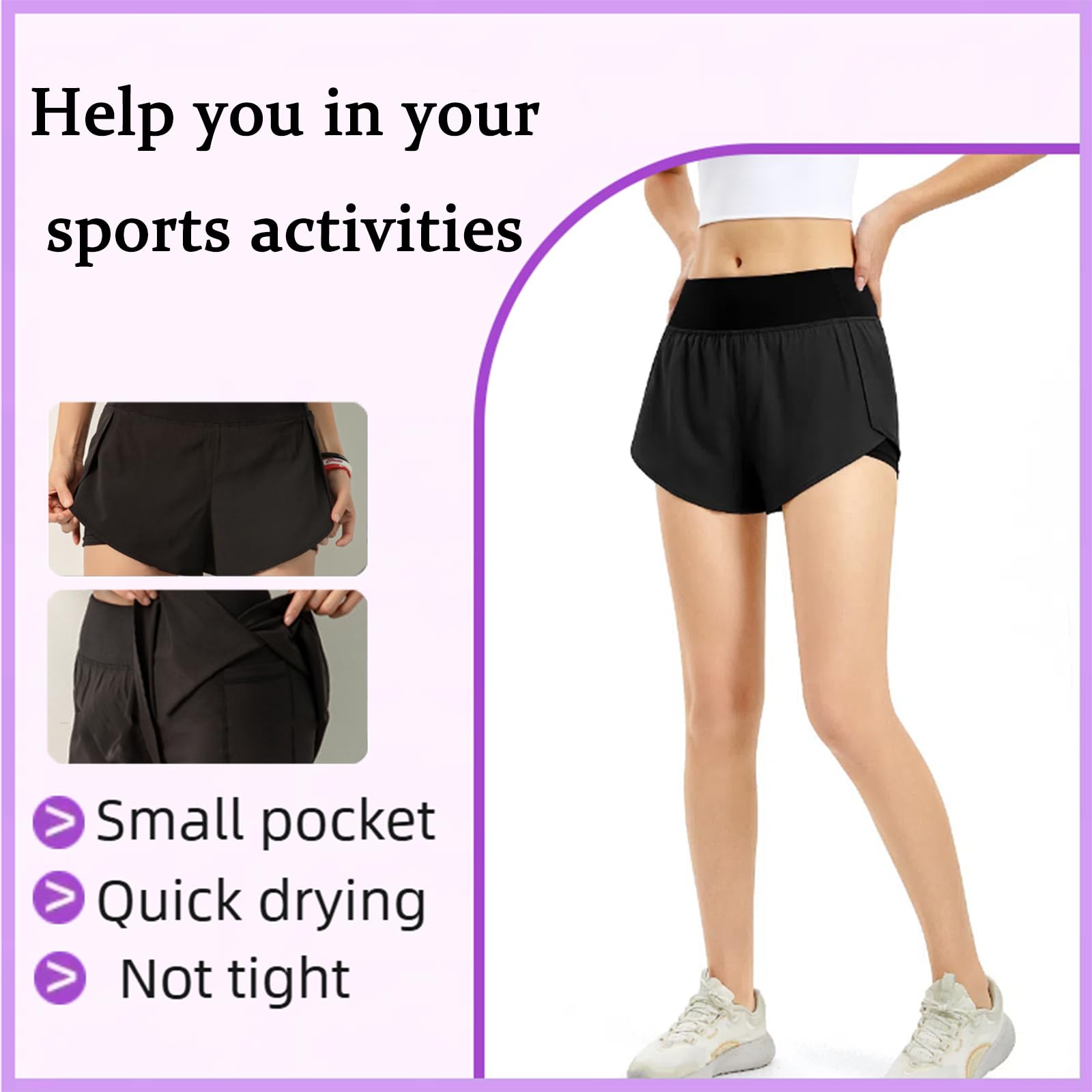 Pantaloncini da corsa 2 in 1 da donna con tasche, doppio strato, ad asciugatura rapida, elasticizzati, per sport, allenamento, jogging, palestra