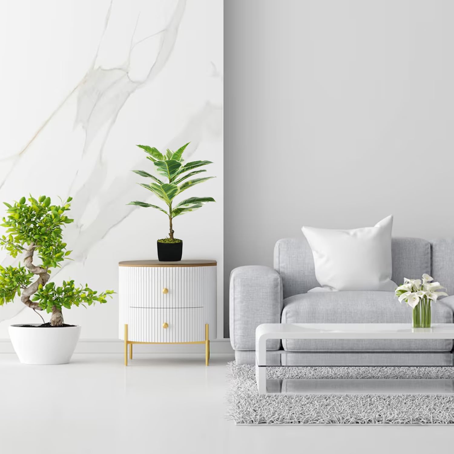 Wintem Pianta di Ficus Elastica Artificiale in Polietilene con 15 Foglie, 65 cm, Vaso con Muschio, Pianta Decorativa da Interno