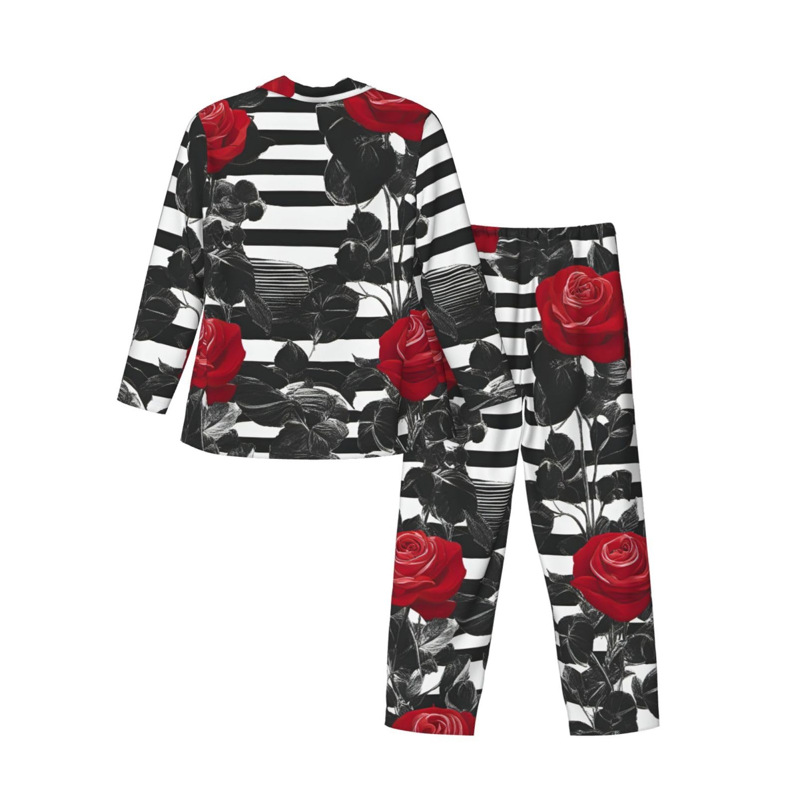 Nero Strisce Bianche Rosse Fiori Stampa Uomini Manica Lunga Pigiama Set Due Pezzi Home Wear Confortevole Indumenti Da Notte