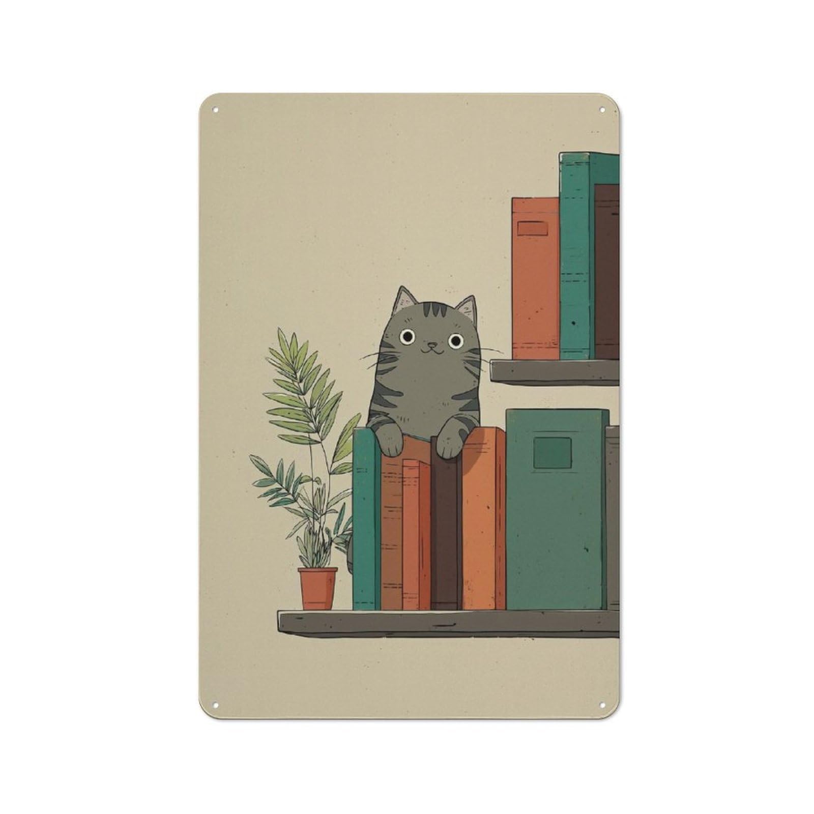 Junmoney Style-2 Retro-Style Tin Sign 30X20cm Featuring Cat On Bookshelf Illustration For Hallway Wall, For Garage, Workshop And Man Cave Decoration