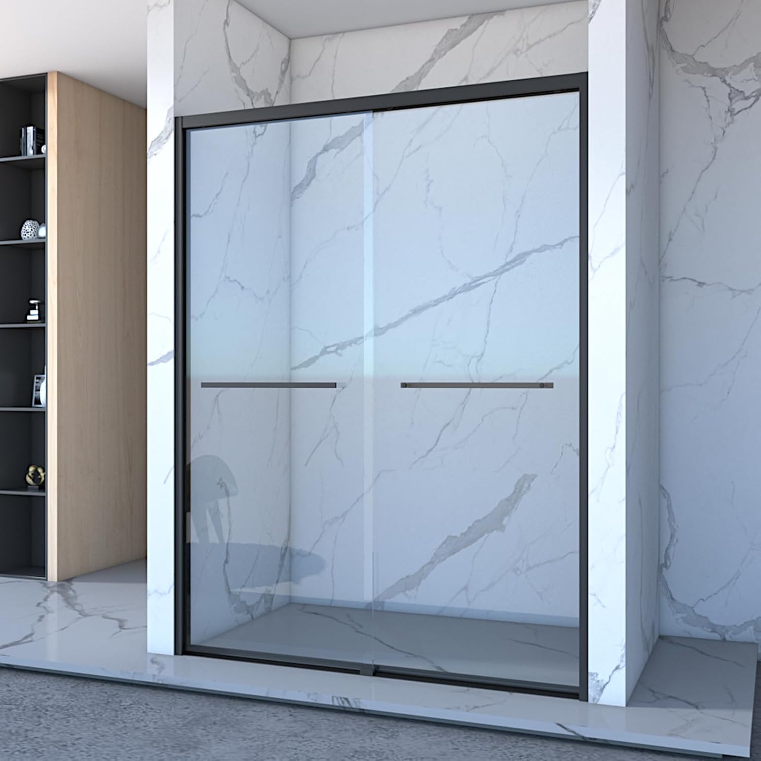 Double Sliding Shower Door 56-60" W x 70" H, Semi-Frameless Glass Shower with 5/16" (8mm) Clear SGCC Tempered Glass, Bathroom Doors Bypass Shower, Shower Glass Door with Towel Bar, Matte Black