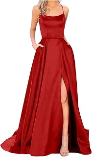 Damen Elegant Lange Ballkleider Satin A-Linie Abendkleider Backless Hochzeitskleid Neckholder Spaghetti Brautkleid Kleider Prinzessin Brautjungfer Kleid mit Taschen
