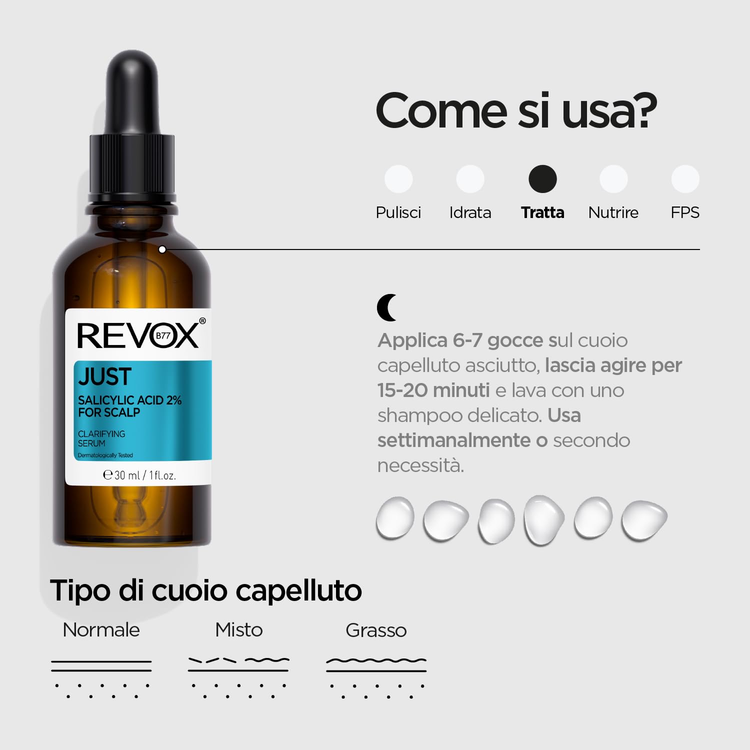 REVOX B77 - Just Acido Salicilico 2% per Cuoio Capelluto, 30 ml, Siero Acido Salicilico, Esfolia e Purifica, Controlla Eccesso Sebo, Idrata e Lenisce Cuoio Capelluto Irritato, Crescita Sana Capelli