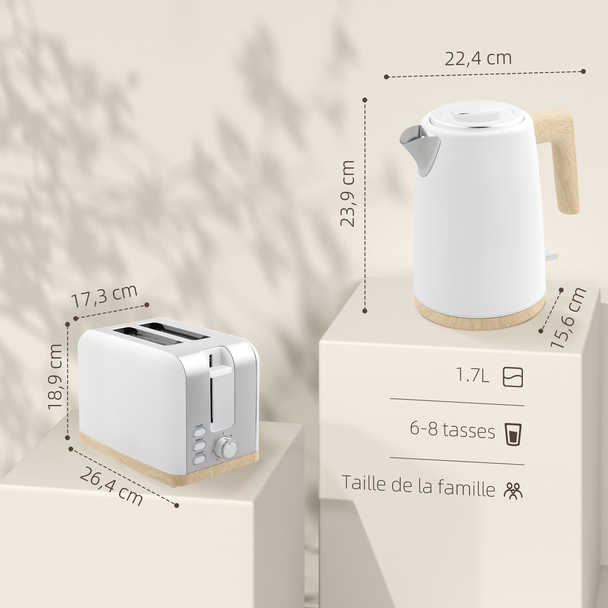 HOMCOM Bouilloire et Grille-Pain 2200W, 1,7 L Acier Inoxydable, 2 Tranches, 7 Niveaux de Brunissage, Blanc