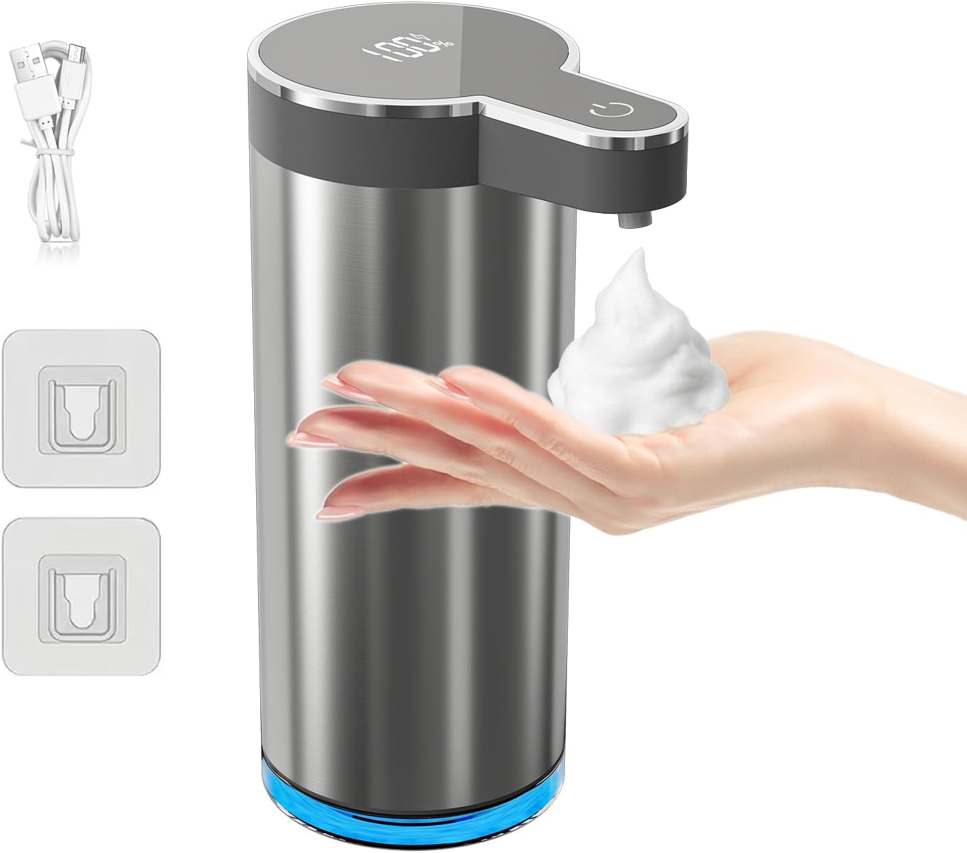 Stainless Steel Automatic Soap Dispenser with 4 Adjustable Volume Control, Touchless Rechargeable Hands Free Automatic Soap Dispenser for Kitchen, Bathroom, Hotel, Restaurant,12oz (Gray)