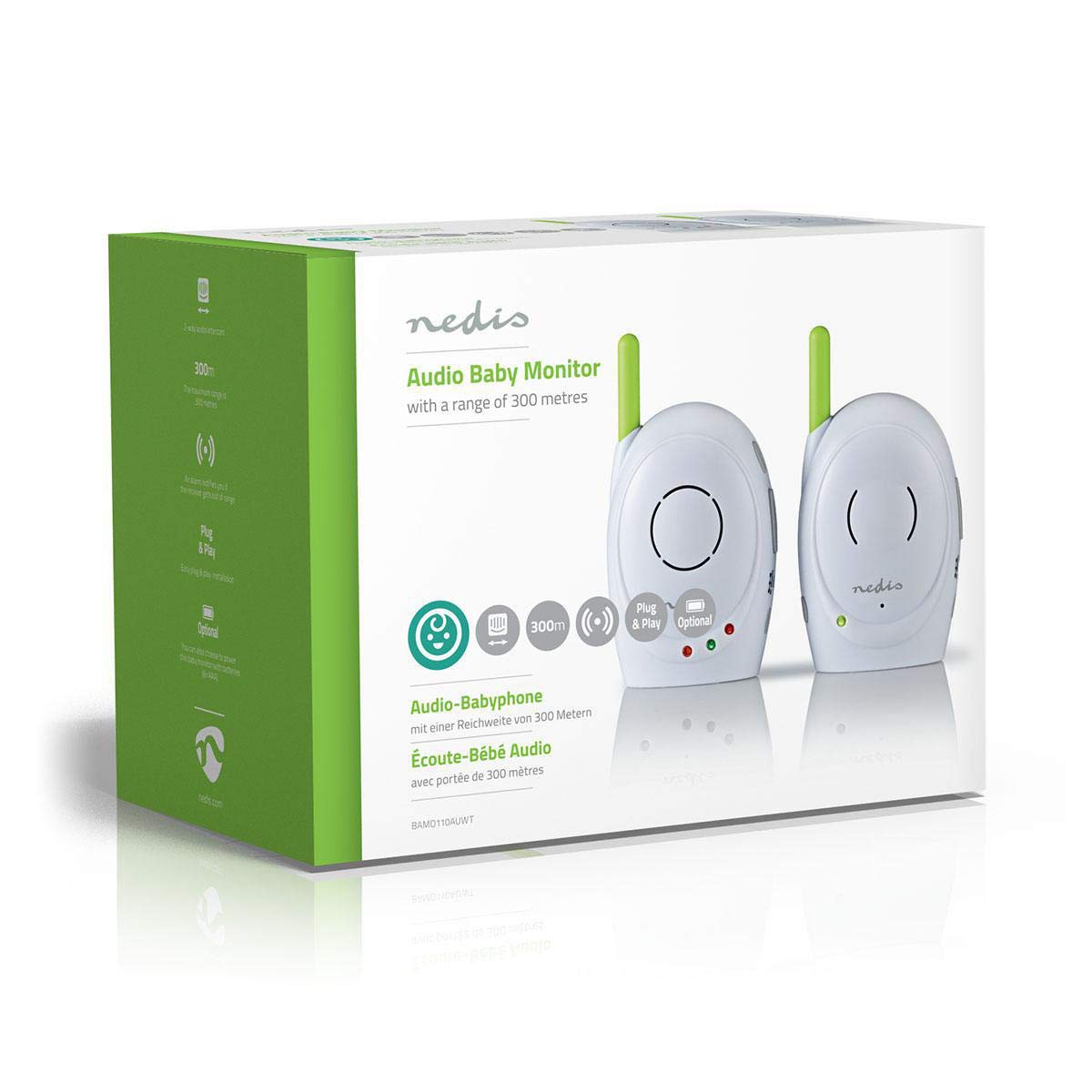 Nedis Audio Baby Monitor - Telefoni wireless per bambini con interfono, portata 300 m, Set di 2, Verde/Bianco