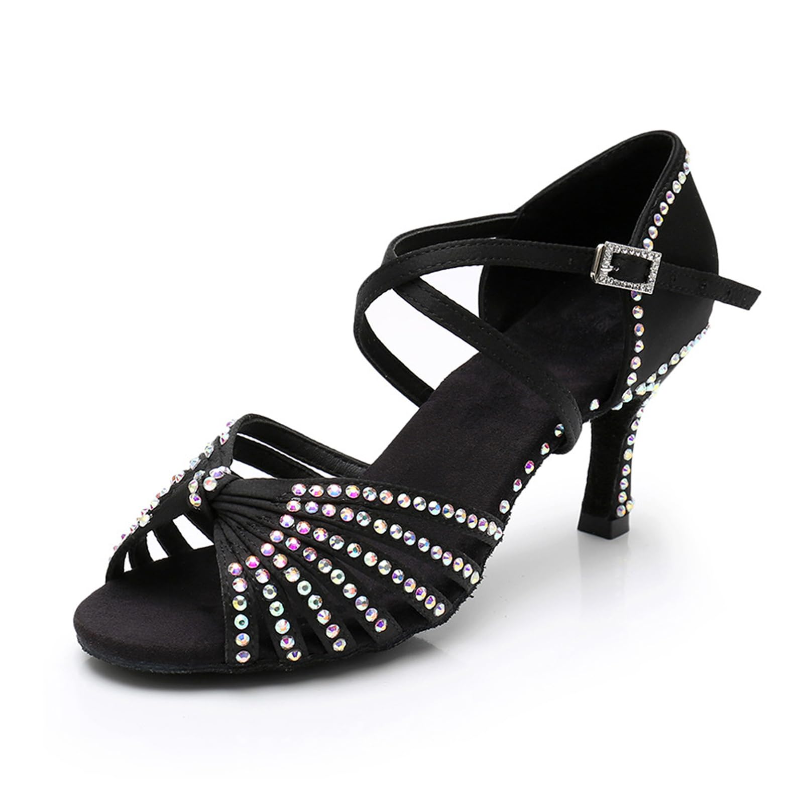 Nowe buty do tańca latynoskiego z diamentową wkładką dla kobiet dorosłych na środkowym obcasie miękka podeszwa buty do tańca wysokie obcasy z diamentowymi butami do tańca Cha-cha, A437 Czarny obcas 7