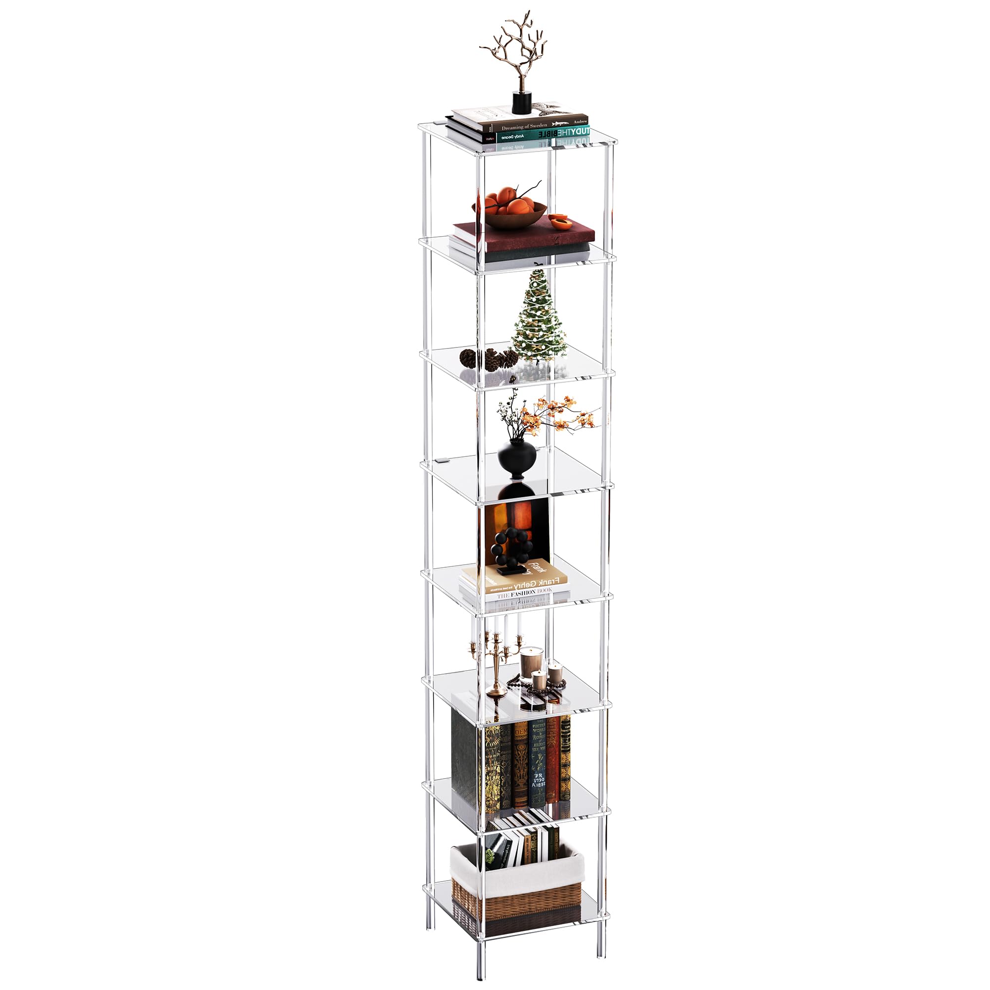 Acrylic Bookshelf, Small Bookcase, Standing Freestanding Corner Storage Shelves (Clear, 8 Tier)