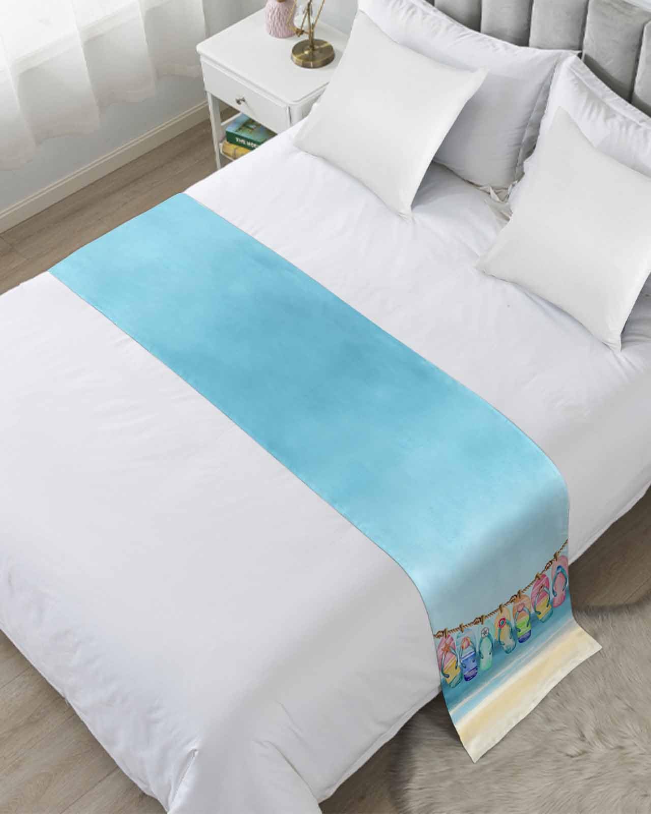 Beach Slippers Bed Runner Scarf for Cal King Size Bed Foot,Decorative Bedding Accessory Stainproof & Dustproof Soft Protector For Bedroom Wedding Room Summer Ocean Starfish Shell Blue Sky 102