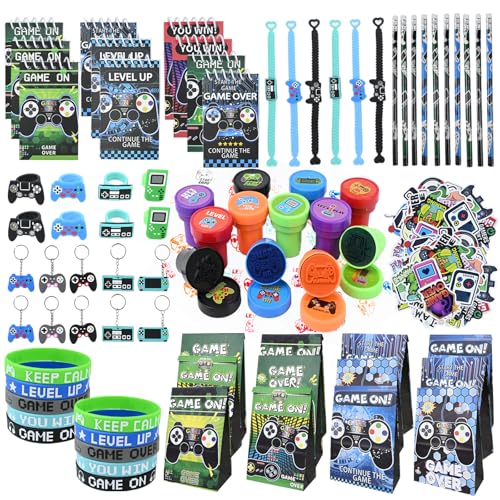 PATEMZON Regalos Cumpleaños Videojuegos, 128 Piezas Relleno Piñatas de Cumpleaños Infantil con Bolsa Regalo, Llavero, Pulsera, Pegatina, Sellos, Bolígrafos, Mini Bloc de Notas, Cumpleaños Niños