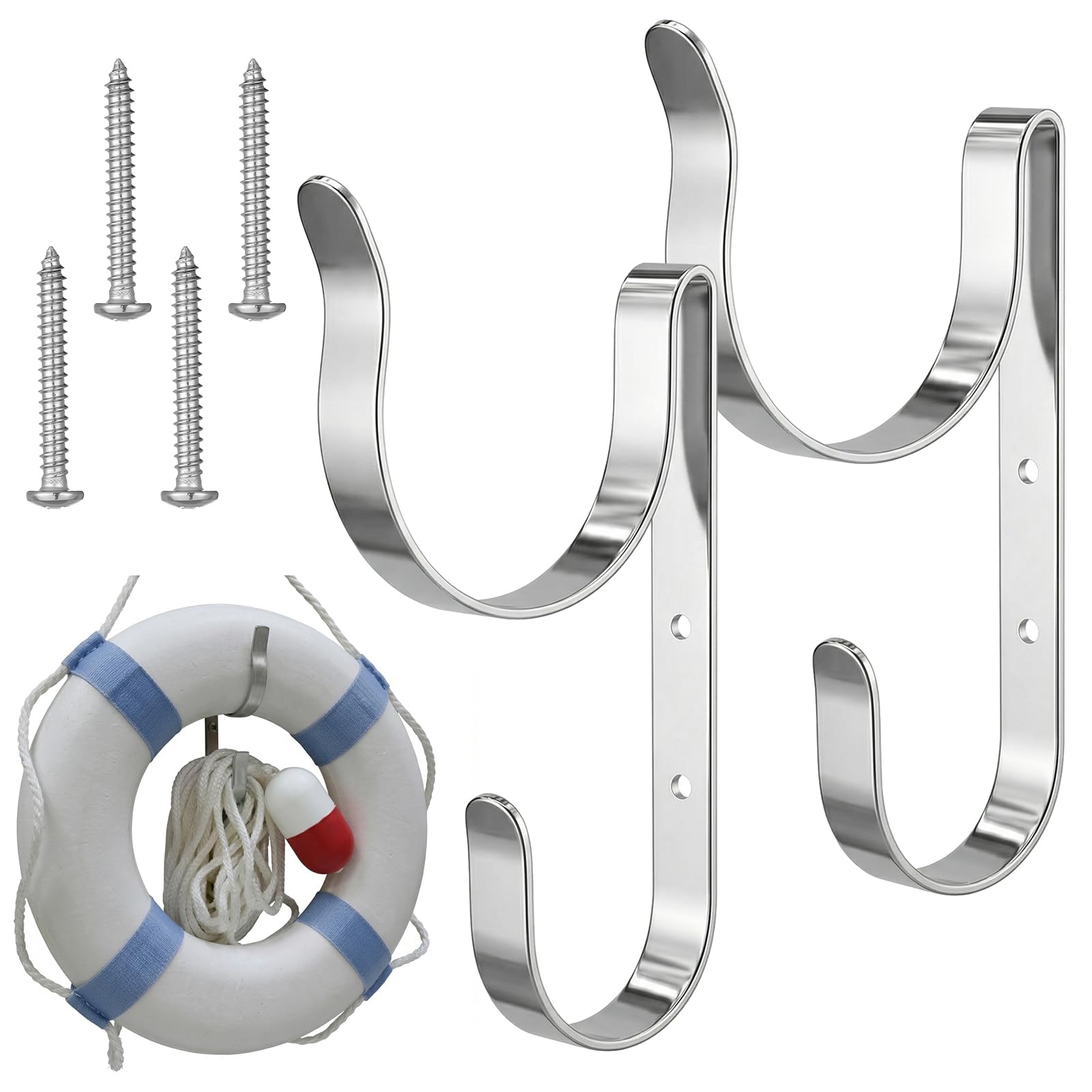 Sotiff 2 Pcs 2 in 1 Aluminum Life Buoy Holder Mount for Lifesaving Ring Buoys and Throw Ropes Life Preserver Ring Bracket Holder Marine Boat Dock Hook for Pool Safety Storage Accessory