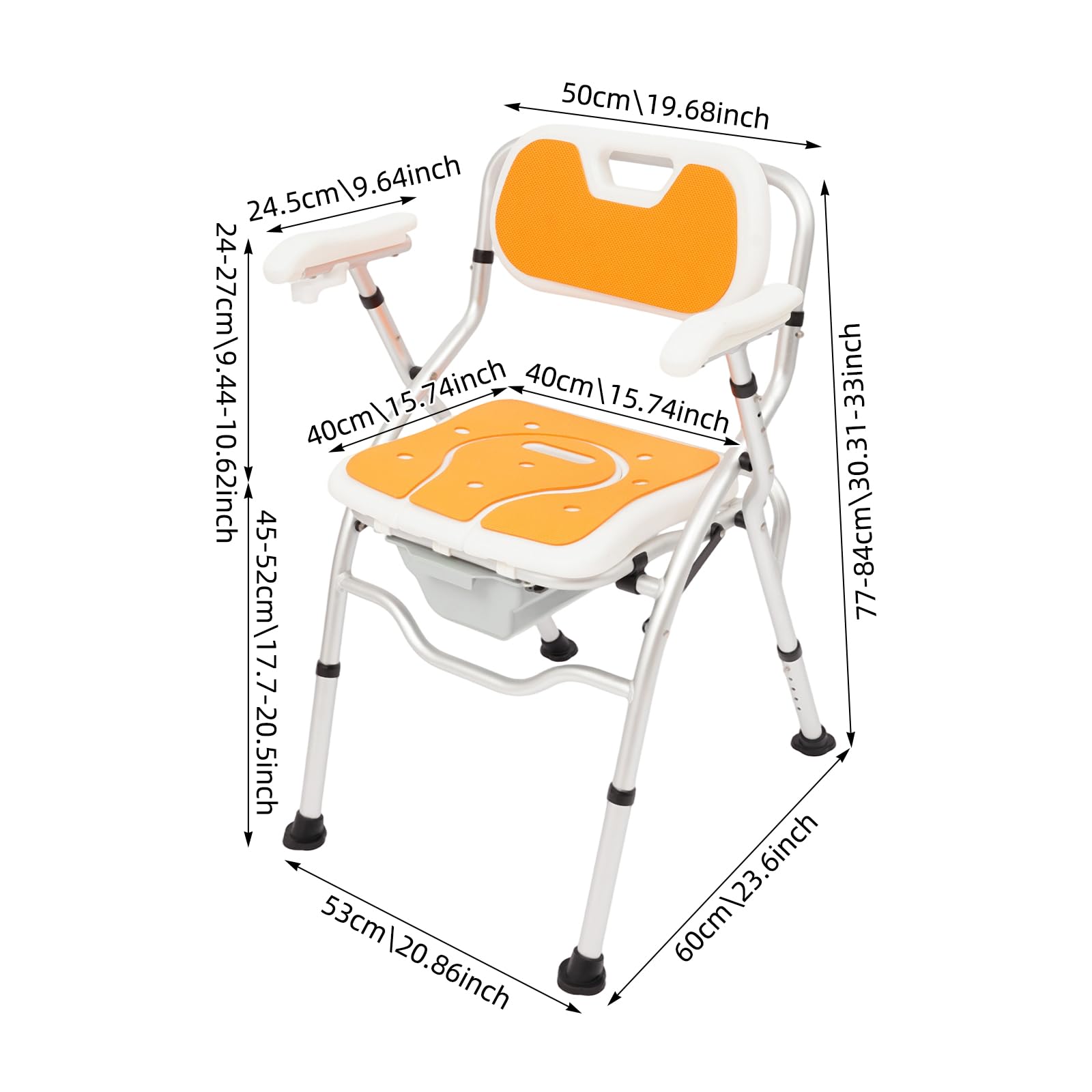 Sedie da doccia con braccioli e schienale, sedia pieghevole per WC e doccia con contenitore per urina, colore arancione, sgabello da bagno da 150 kg, altezza regolabile da 42 a 47 cm, cassettiera per