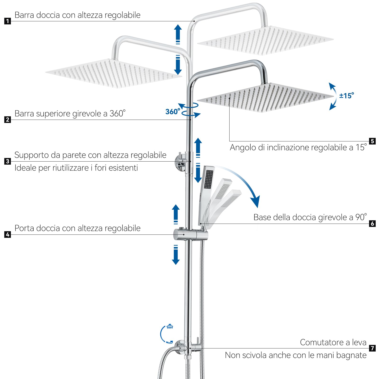 Auralum Colonna Doccia senza Miscelatore, Colonna Doccia Acciaio Inox con Saliscendi Doccia Altezza Regolabile 72-110cm, Asta Doccia con Soffione e Doccetta, Doccia Soffione con Doccetta Cromo 25x25cm