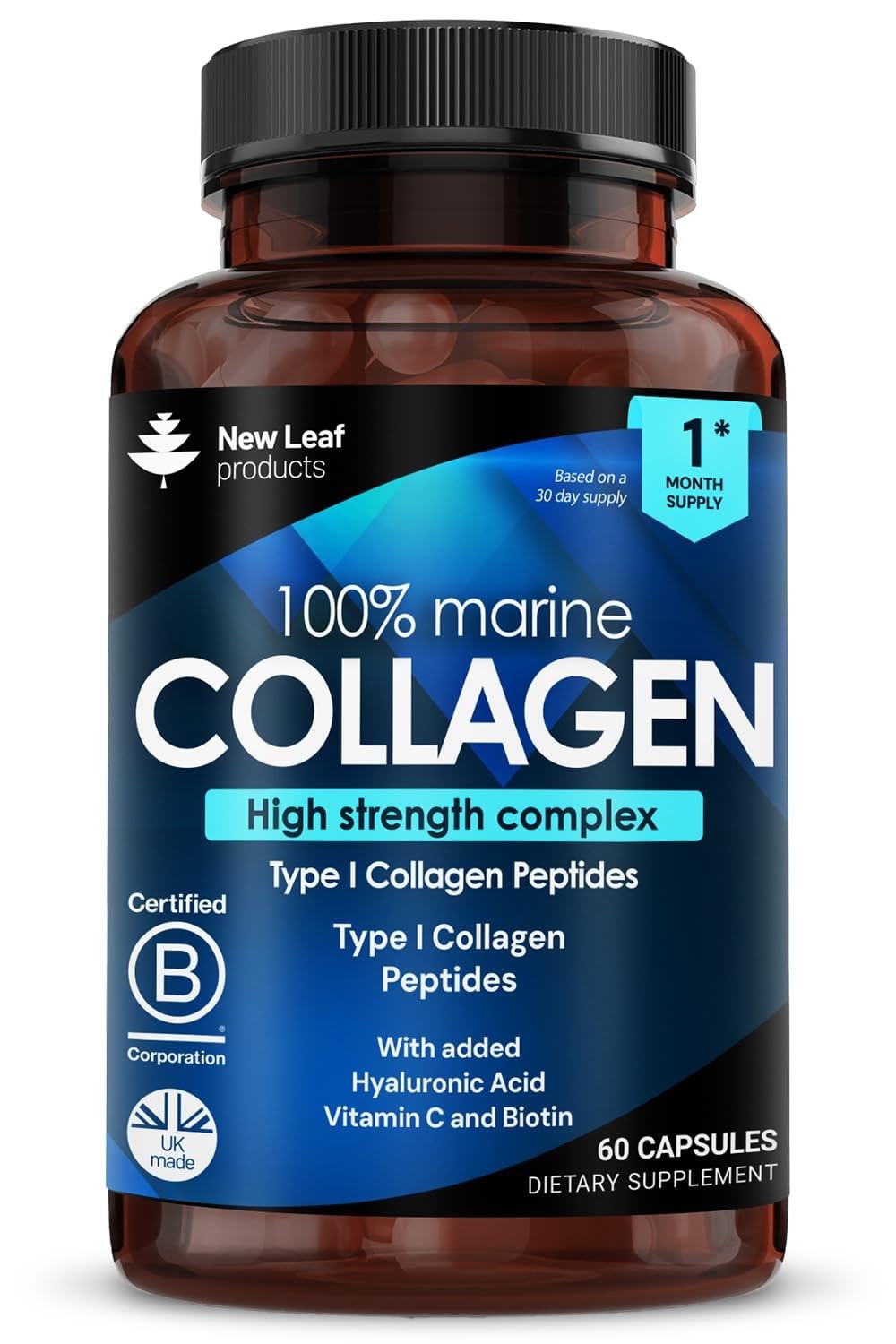 Pure Marine Collagen 100% Marine Collagen Type 1 Hydrolysed Collagen Peptides Enhanced with Hyaluronic Acid & Vitamin C -Essential Amino Acids - Collagen Supplements for Women and Men, 60 Capsules