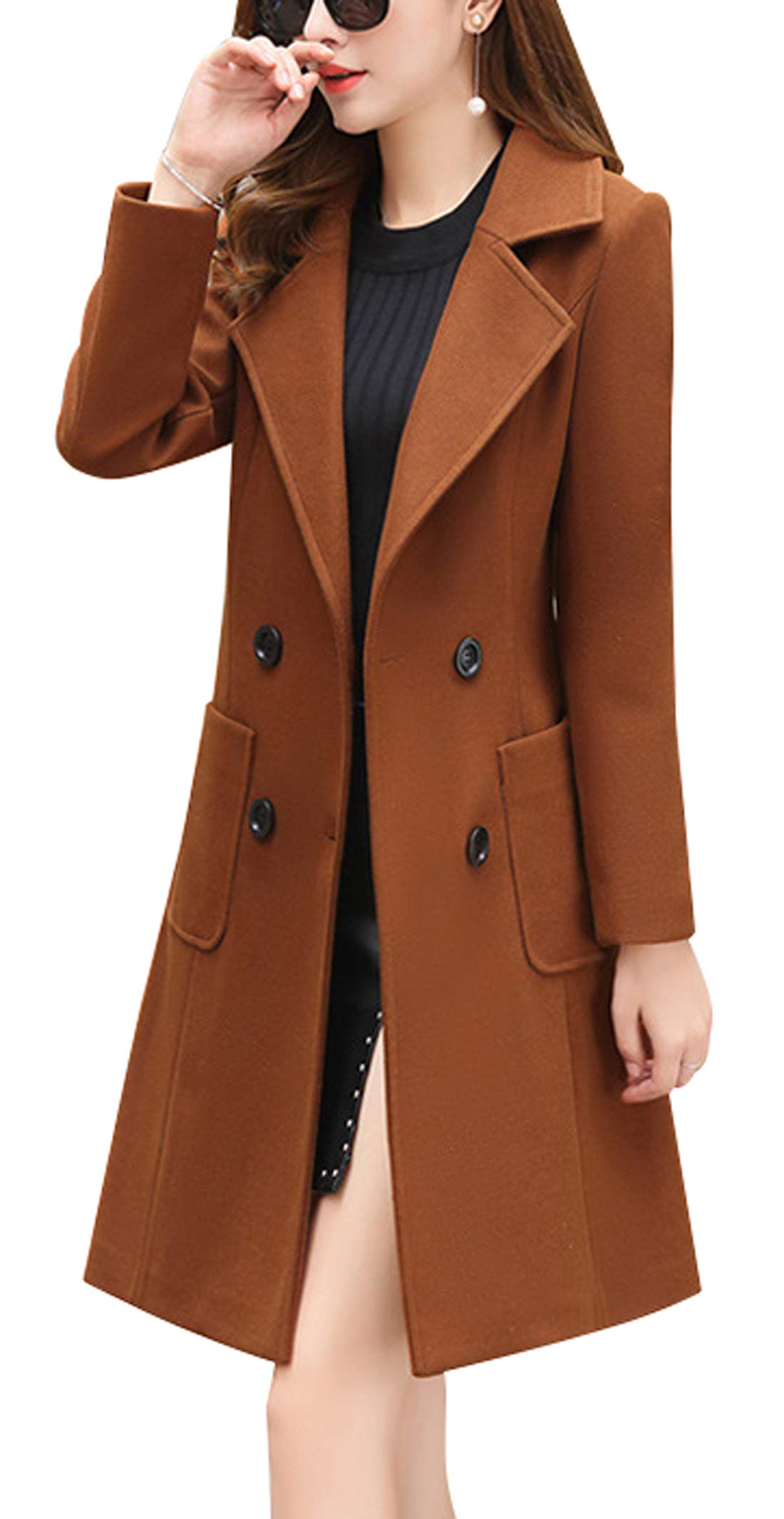 Women Elegant Notched Collar Double Breasted Wool Blend Over Coat