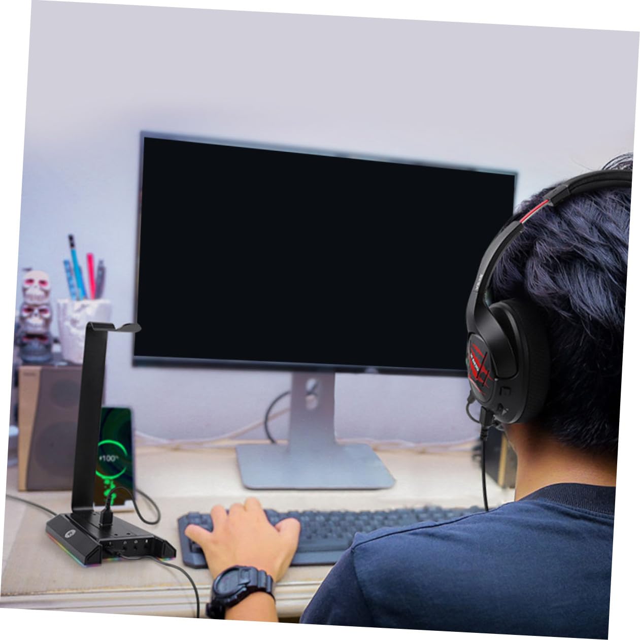 Supporto Cuffie da Gioco Rgb Porta USB in Abs Nero | Base da Tavolo Antiscivolo, Trasmissione Intelligente, per Mouse e Telefono