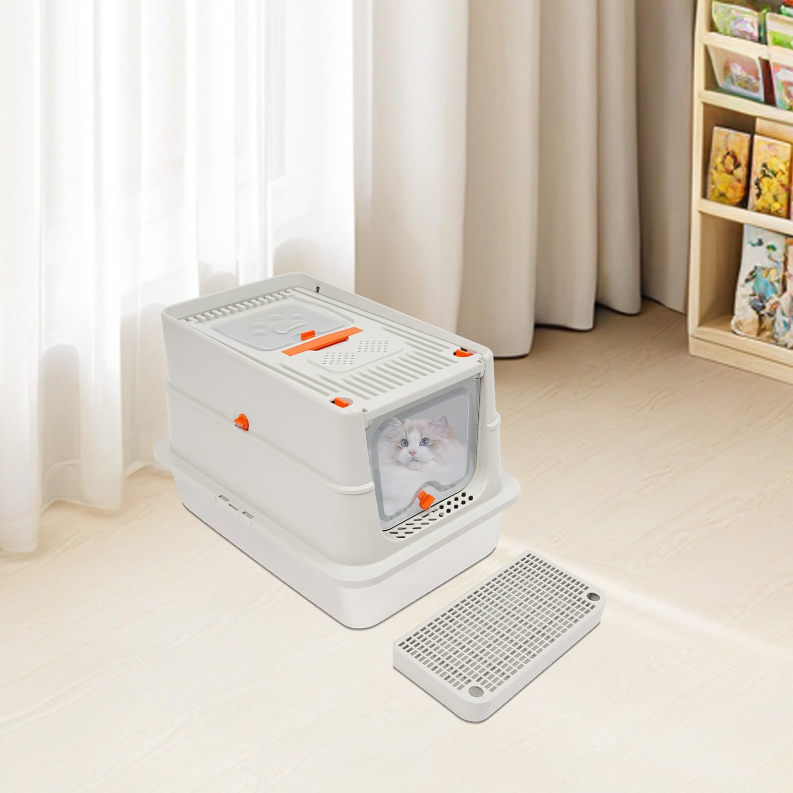 Lettiera per gatti in acciaio inox con pareti laterali alte, grande per gatti fino a 15 kg, inodore e pulita, per appartamento, balcone, grigio chiaro