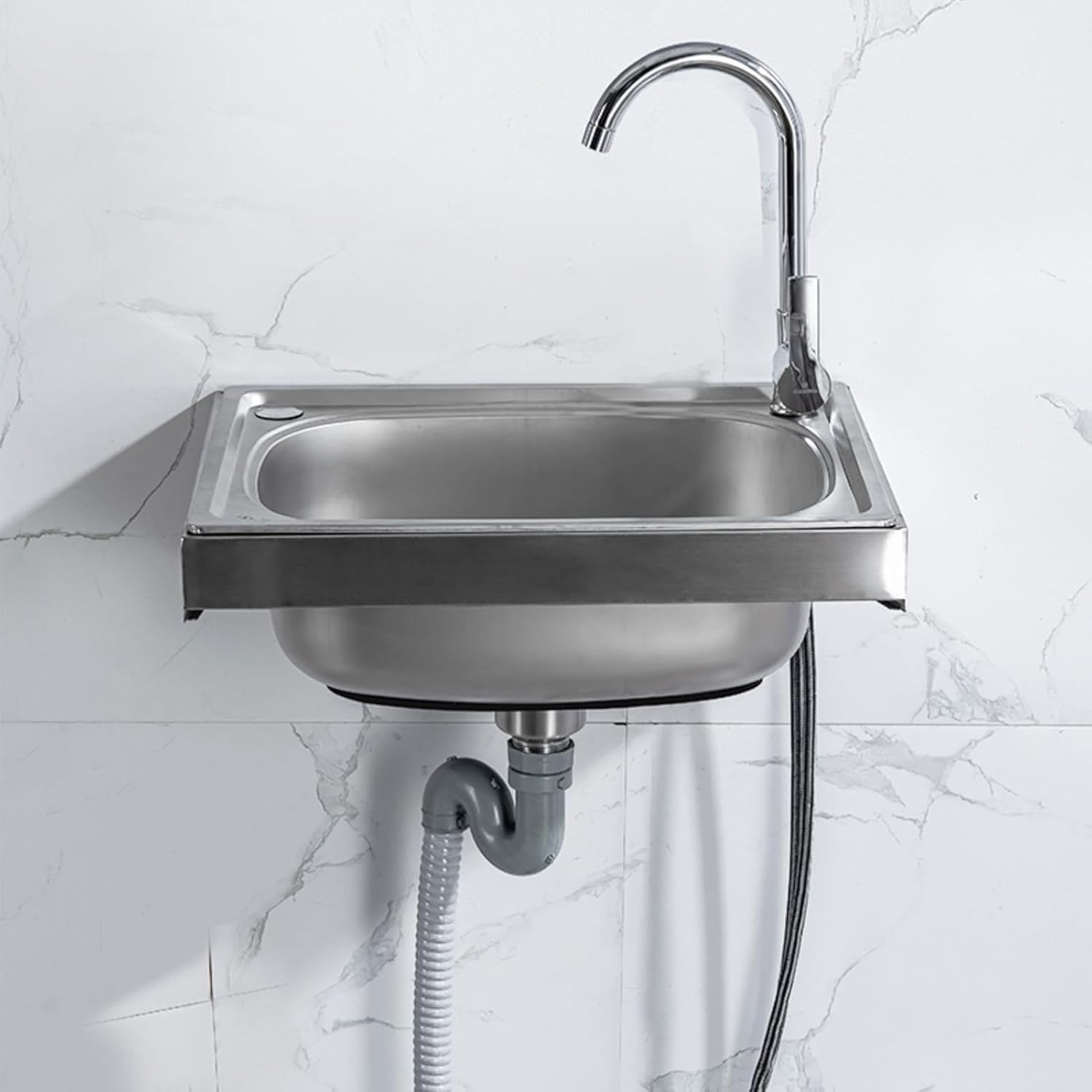 Lavabo Mural en Acier Inoxydable avec Robinet pivotant et égouttoir pour Cuisine, Bar, Garage.