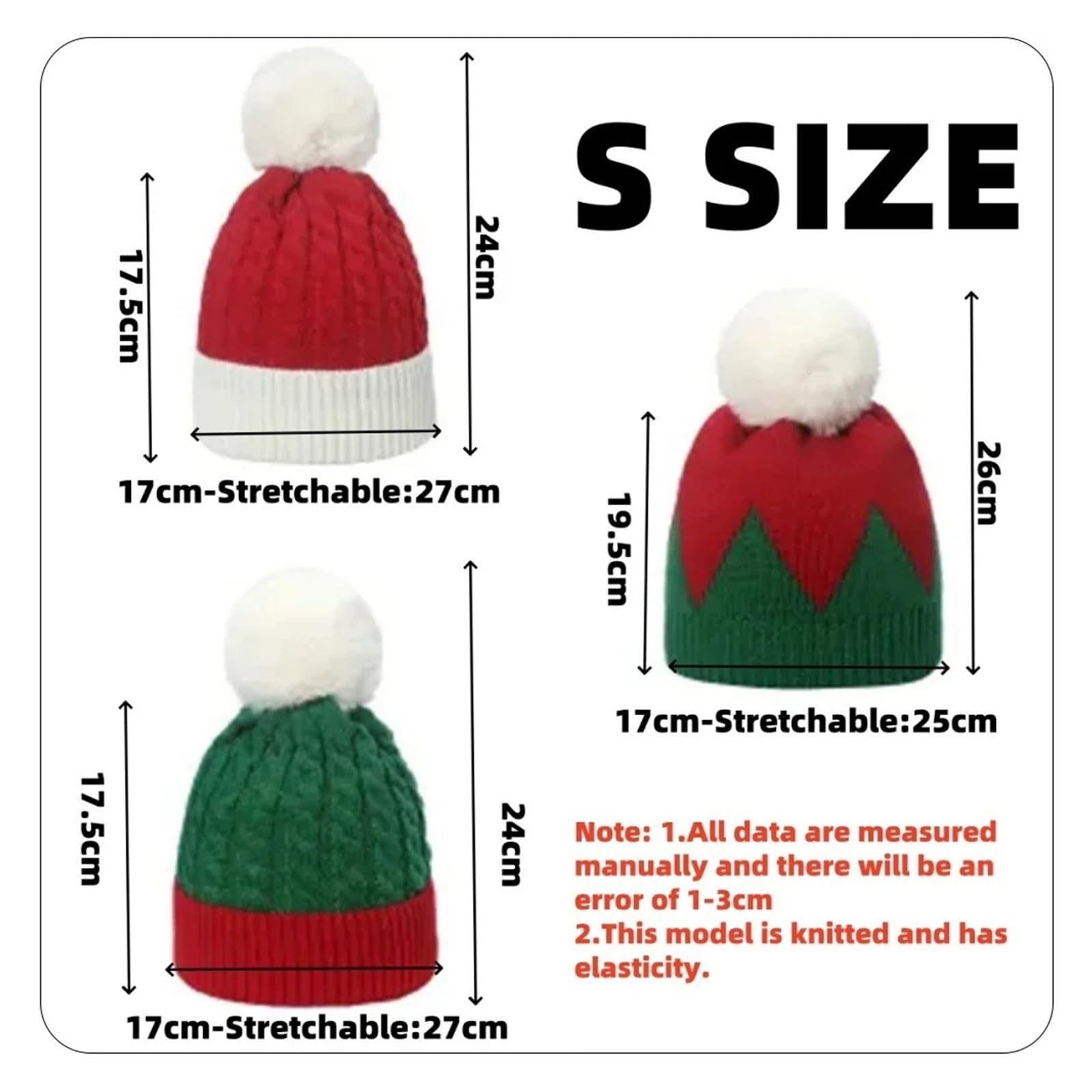 Genérico Gorro Tejido Navideño con Bolas Esponjosas para Niños Y Adultos | Gorro rojo de acrílico con pompón blanco y vuelta, tejido elástico, 1PC/2PCS, accesorio de invierno(2PCS-MC)