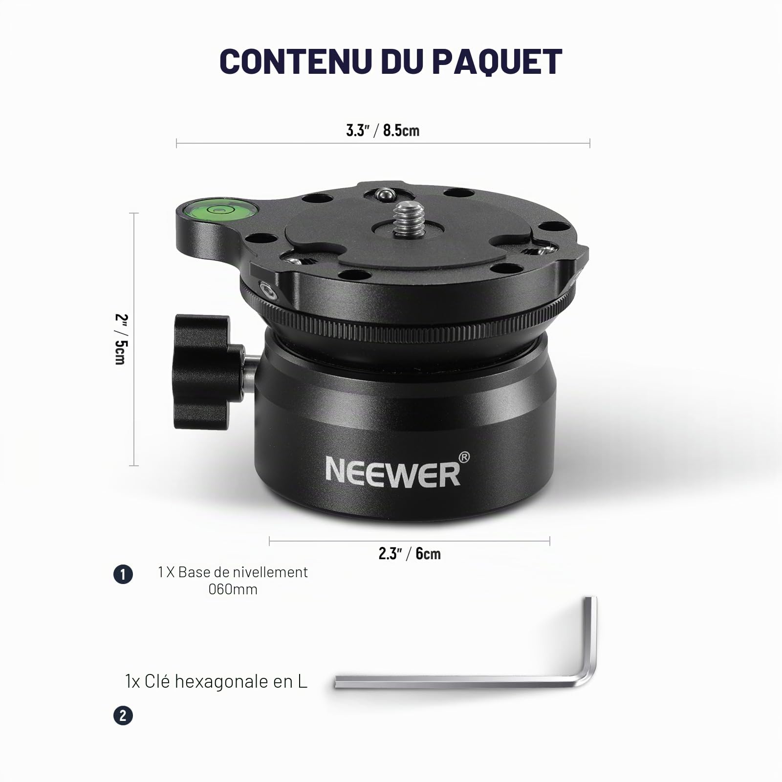 NEEWER Base de nivellement pour trépied (φ60 mm), nivelleur d'appareil Photo, Plaque de tête de trépied réglable en Aluminium avec Inclinaison de -15°/+15°, Niveau à Bulle, vis 6,35 mm