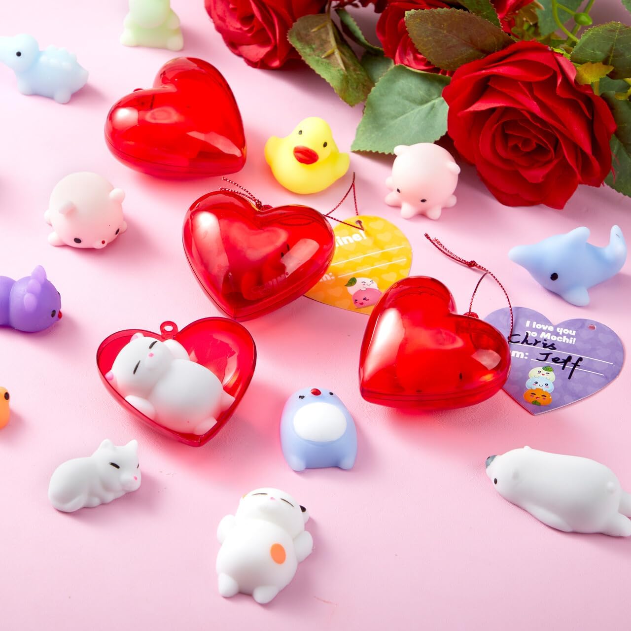 joyin 28 packs valentine day gift cards with mochi squishy toys and filled hearts for kids valentine classroom exchange, kawaii stress relief toys school gifts exchange, games prizes kawaii valentine mochi