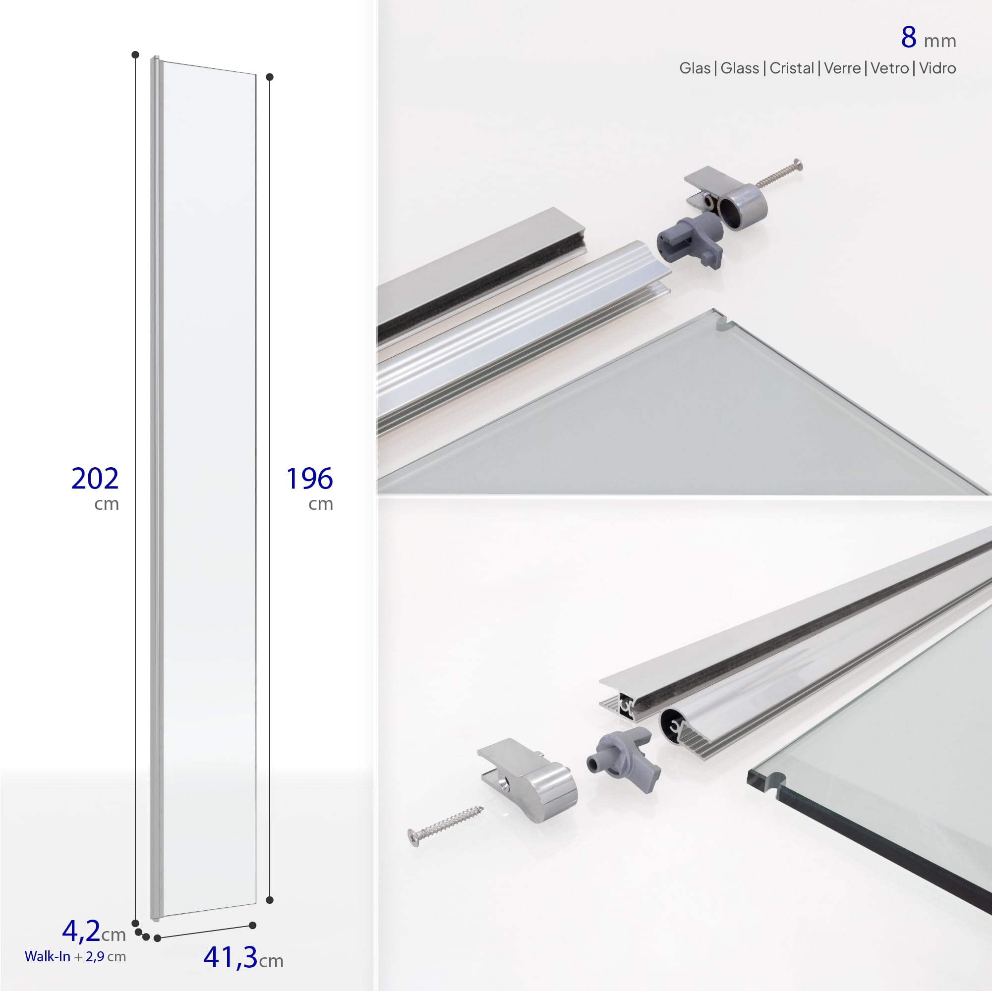 Panel lateral 40 x 200 cm con vidrio transparente 8 mm | Extensión para ducha Walk-In | Perfil rotativo 180°