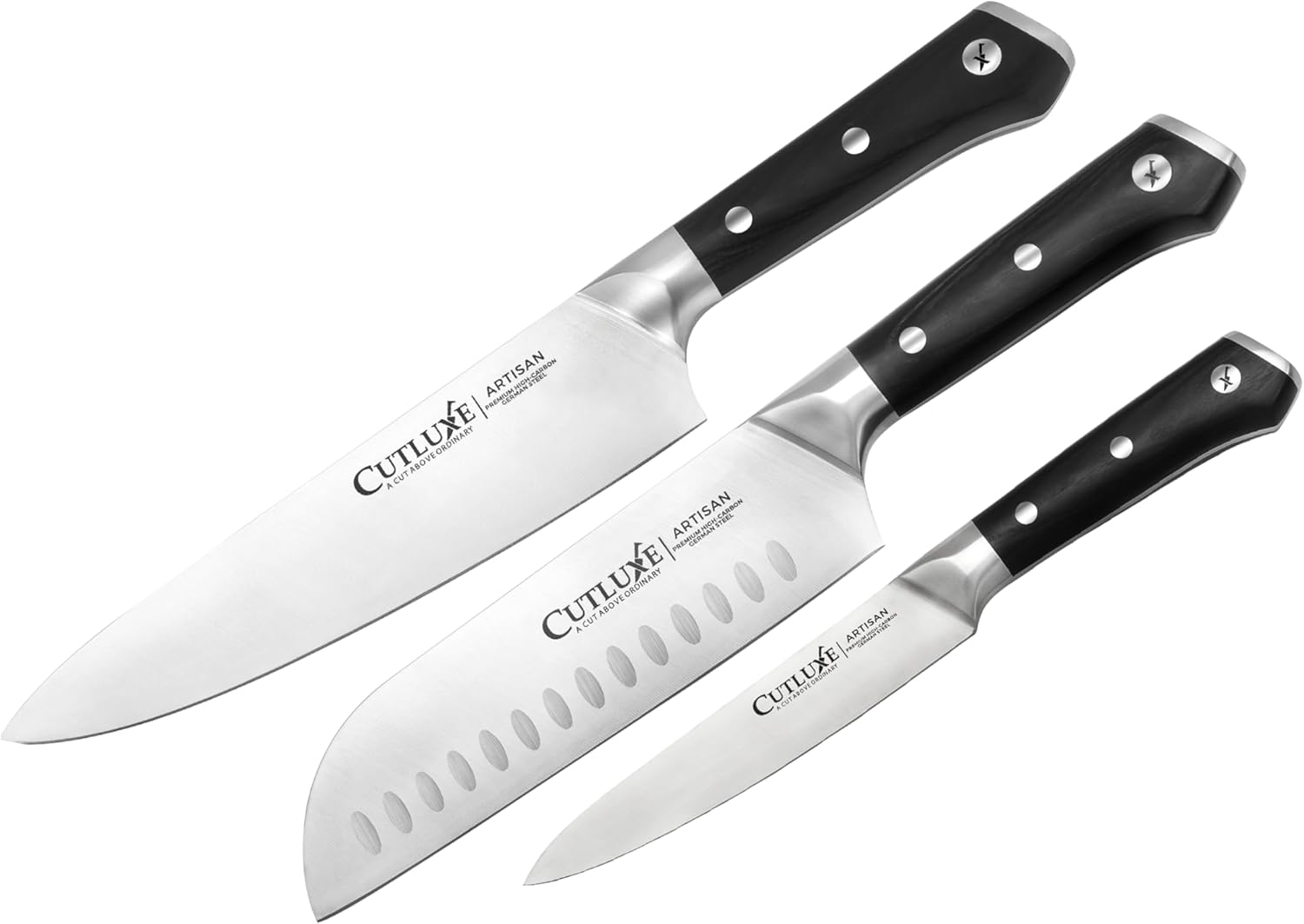 Cutluxe Chef, Santoku & Utility Knife Set – Forged High Carbon German Steel – Full Tang & Razor Sharp – Ergonomic Handle Design – Artisan Series by Cutluxe