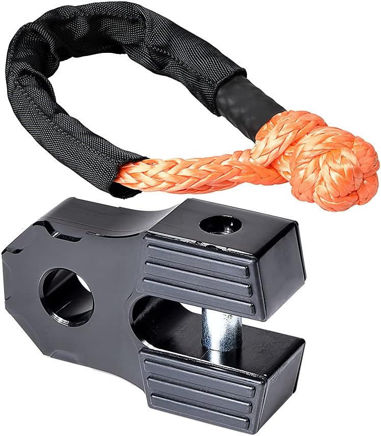 Astra Depot Winch Accessory Black Winch Shackle Mount Flat Towing Hook with Iron Pin & Rubber Guard-30,000 lbs & 1/2" Orange Soft Shackle for Tree Straps Jeep Truck 4WD Off-Road