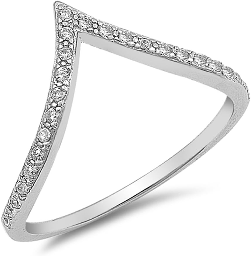 White CZ High Point V Shape Chevron Ring New 925 Sterling Silver Band Sizes 4-10