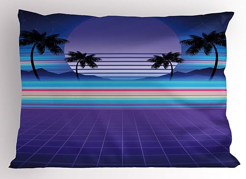 Ambesonne Synthwave Pillow Sham, Retrowave Design of Colorful Funky Stripes and Palms Galactic Moon, Decorative Standard Size Printed Pillowcase,