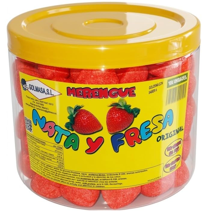 Golmasa Merenguitos 100 Unidades en Bote – Sabores Yogur Fresa, Nata Fresa, Nata Blue Cola y Sandía, Chuches de Merengue sin Gluten y sin Grasa