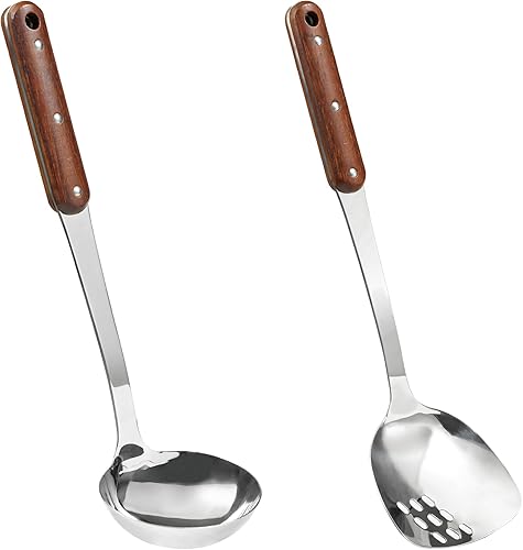 Miniatura 9 de FJNATINH - Juego de utensilios de cocina de acero inoxidable, pulido en espejo, set de 6 piezas, con mango de madera, antiadherentes y resistentes