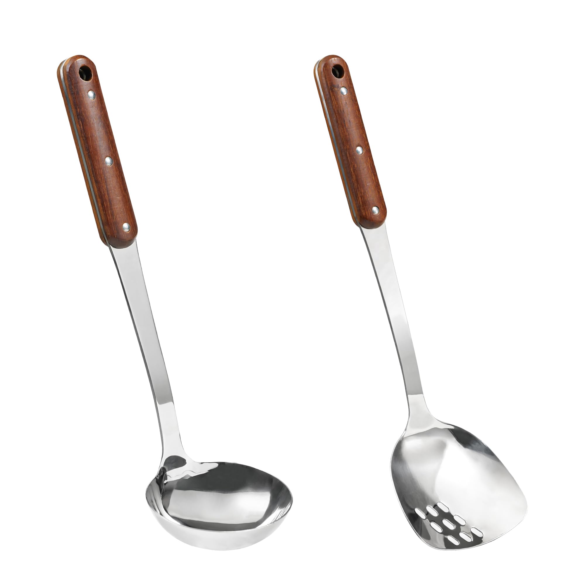 FJNATINH Stainless Steel Wok Spatula and Ladle Tool, Mirror Polished Cooking Utensils Set Metal Wok Accessories with Wooden Handle,Easy to Clean Kitchen Utensils,Sliver