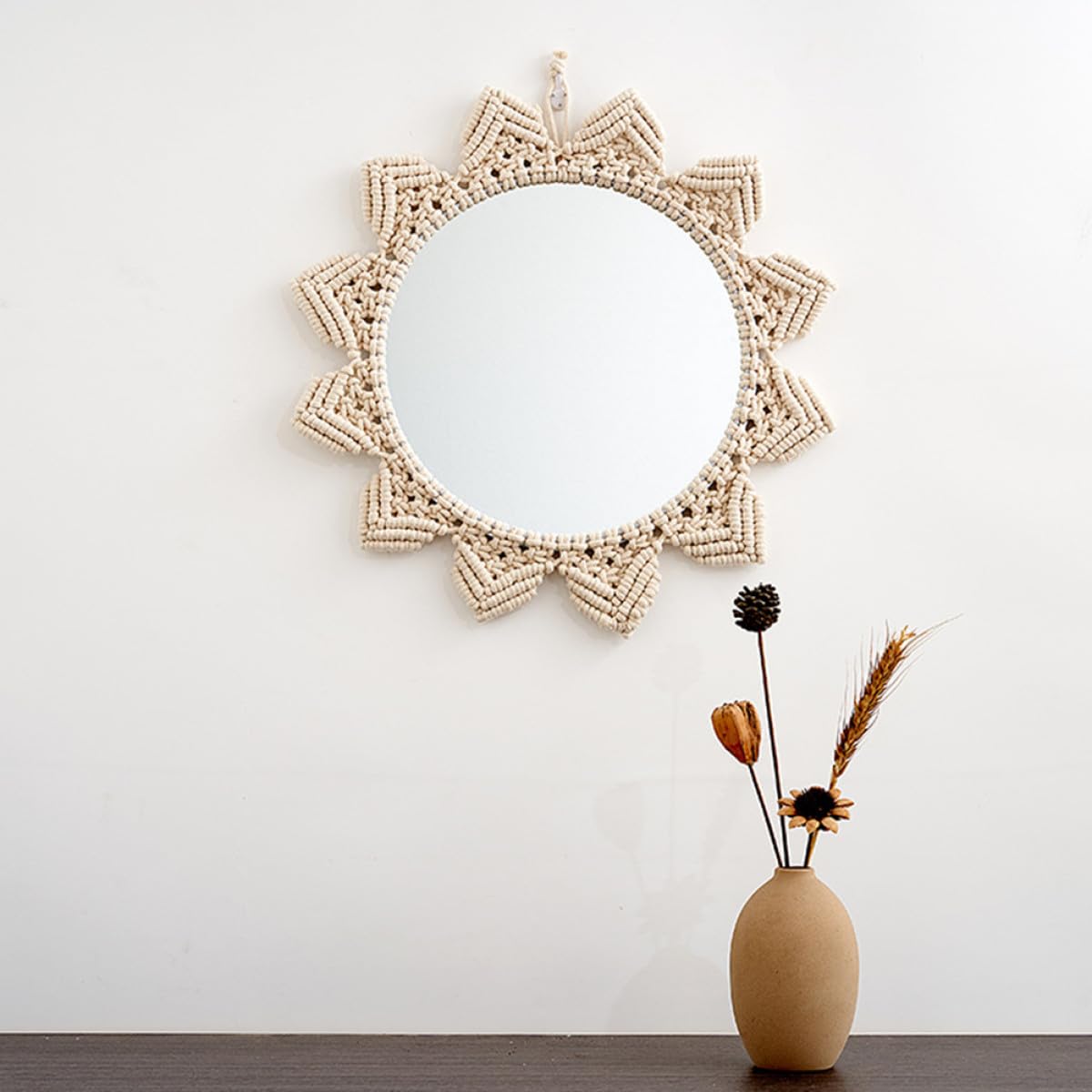 Luxshiny Runder Hängespiegel aus Baumwollseil mit Boho Stil Wanddekoration für Schlafzimmer und Hotel Kreativer Makramee Spiegel zur Wandverschönerung