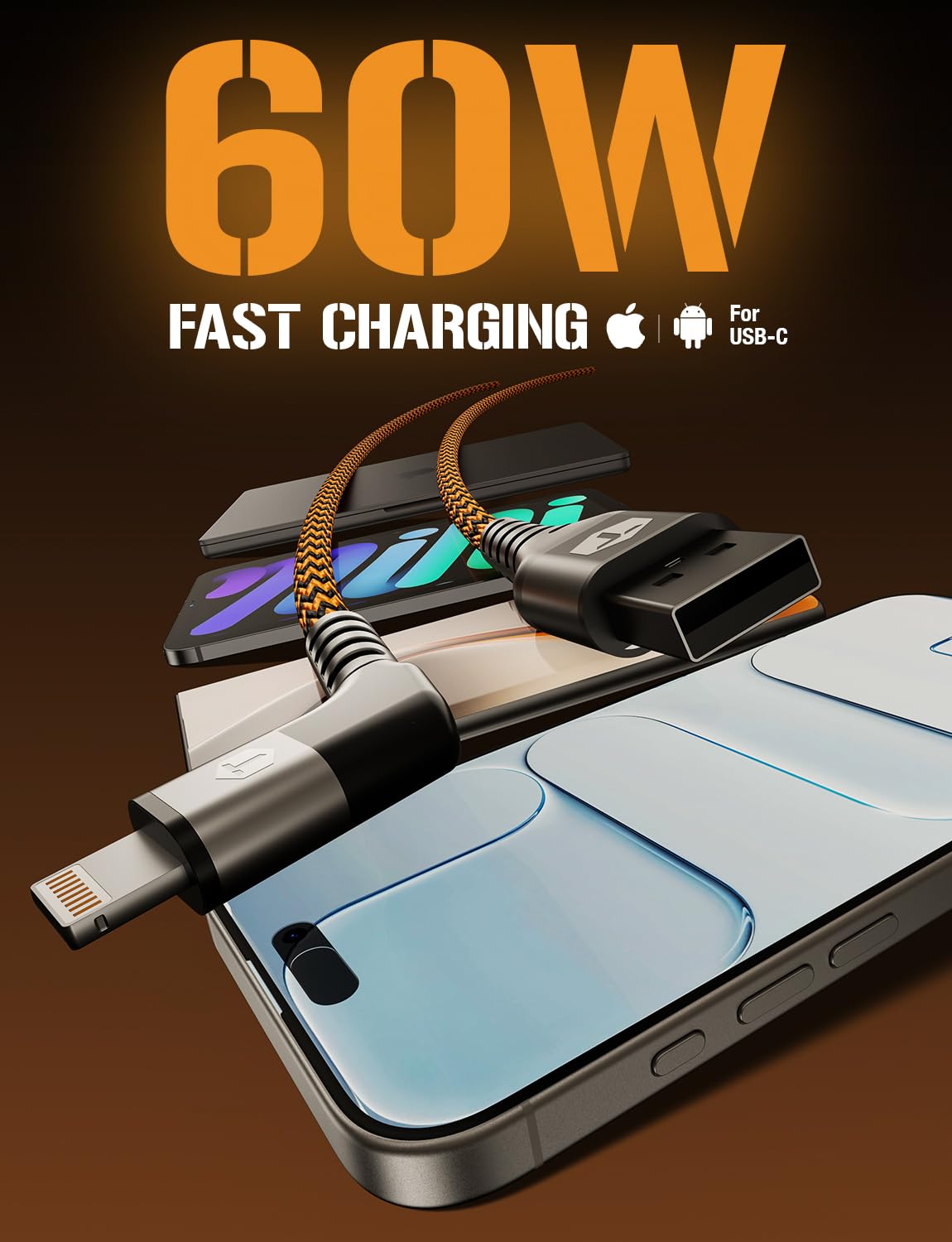 ToughTested Braided 6 Ft. USB Type A to Lightning Cable with 90 degraa Angled Connector Tip