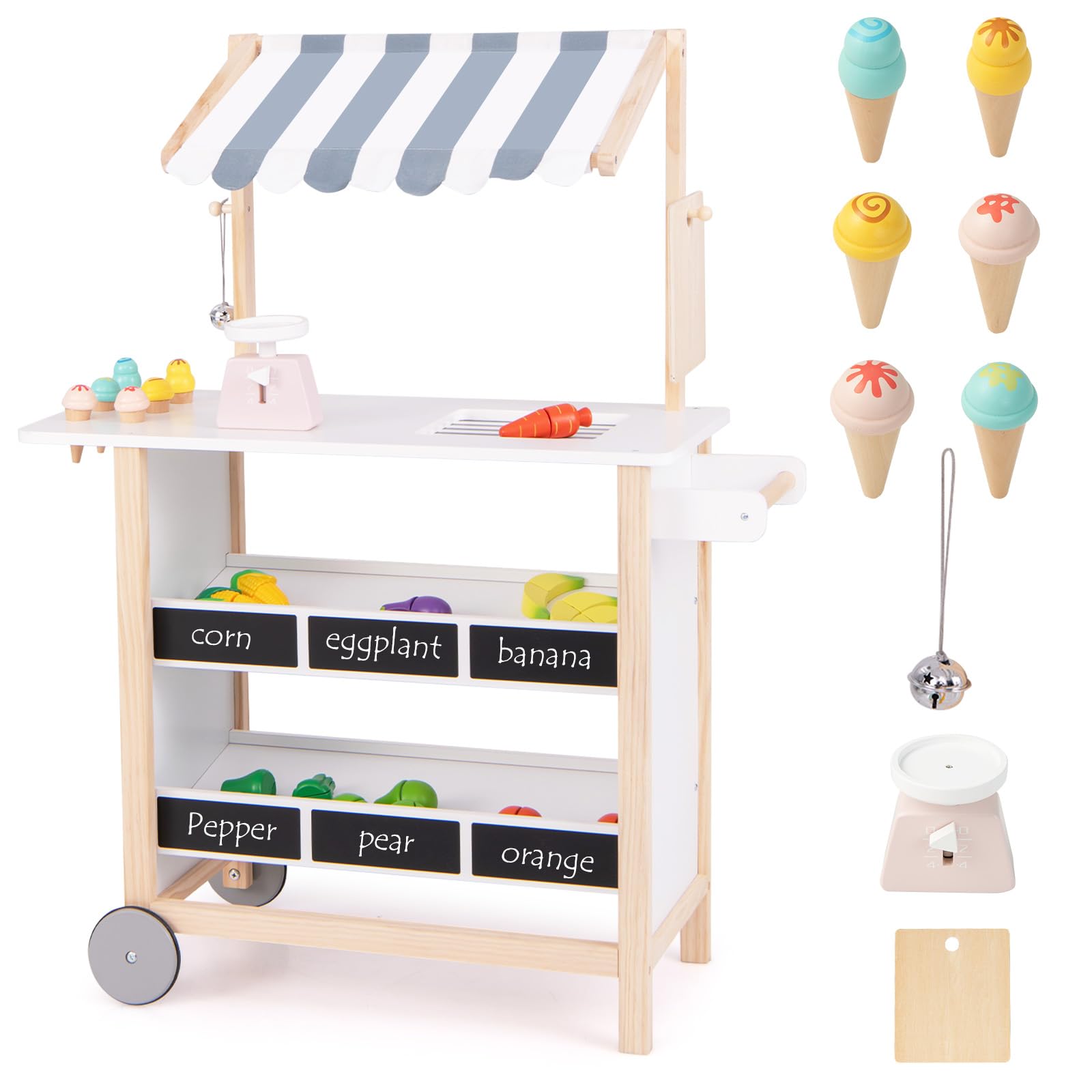 RELAX4LIFE Bancarella in Legno per Bambini con Carretto dei Gelati, 6 Coni Gelato, Ripiano e Lavagna, Bilancia e Campanello, Gioco di Ruolo Educativo, (BIANCO,79,5 x 29,5 x 100 cm)