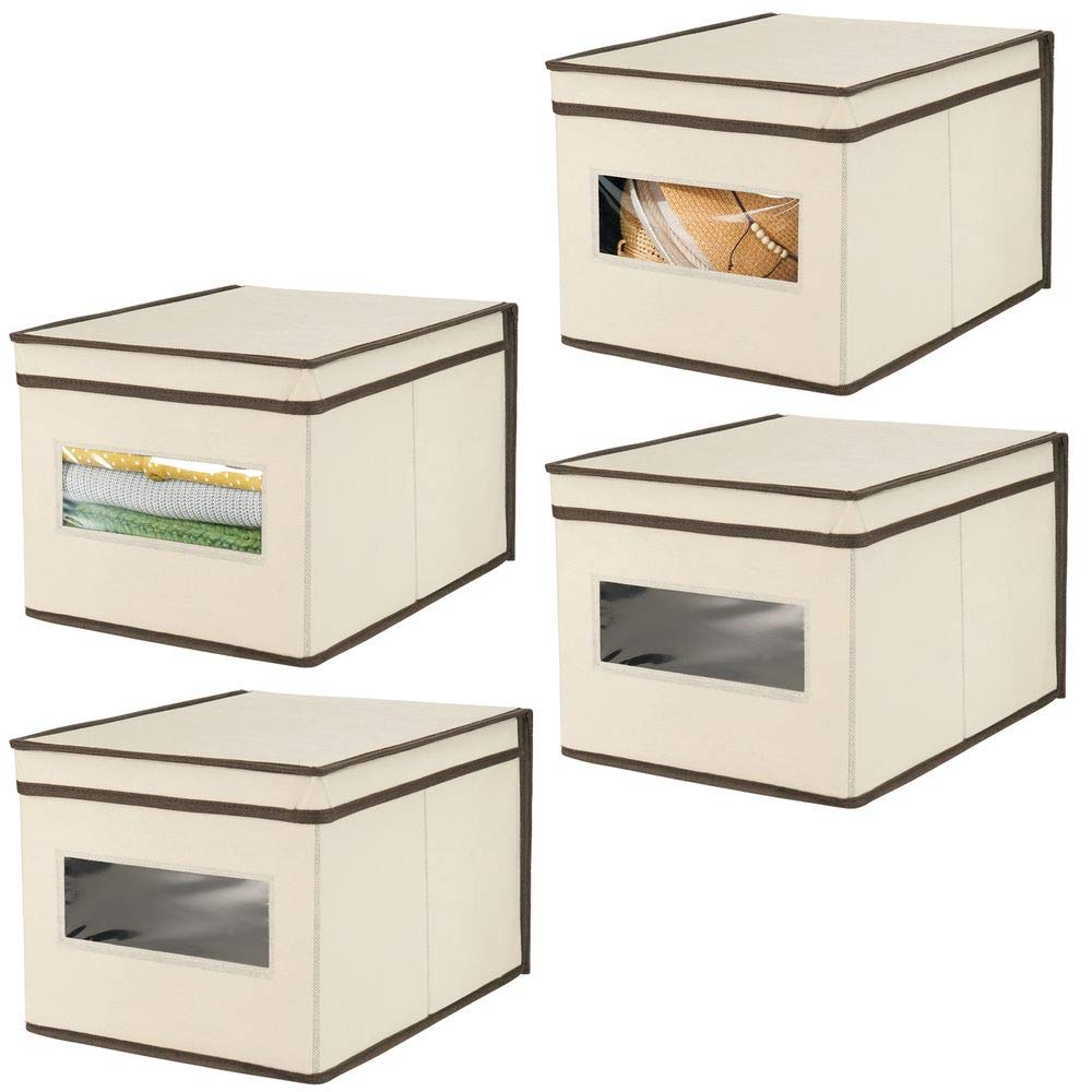 mDesign Soft Stackable Fabric Closet Storage Organizer Holder Box Bin with Clear Window, Attached Hinged Lid - Bedroom, Hallway, Entryway, Bathroom - Large, 4 Pack - Cream/Espresso Brown