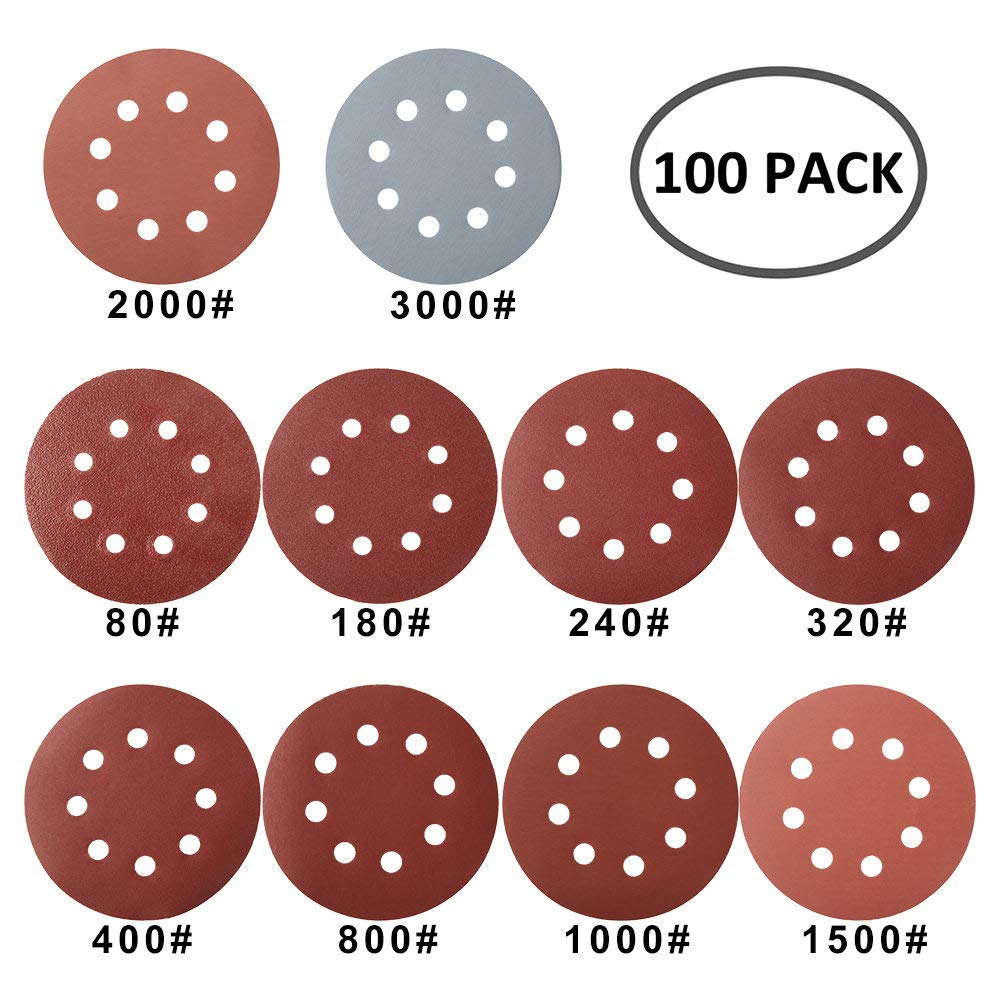 100pcs 125mm Papel de lija de forma redonda Discos de lijado Gancho de bucle Papel de lijado Hoja de pulido Papel de lija Lijadora de 8 orificios Almohadilla de pulido, como se muestra