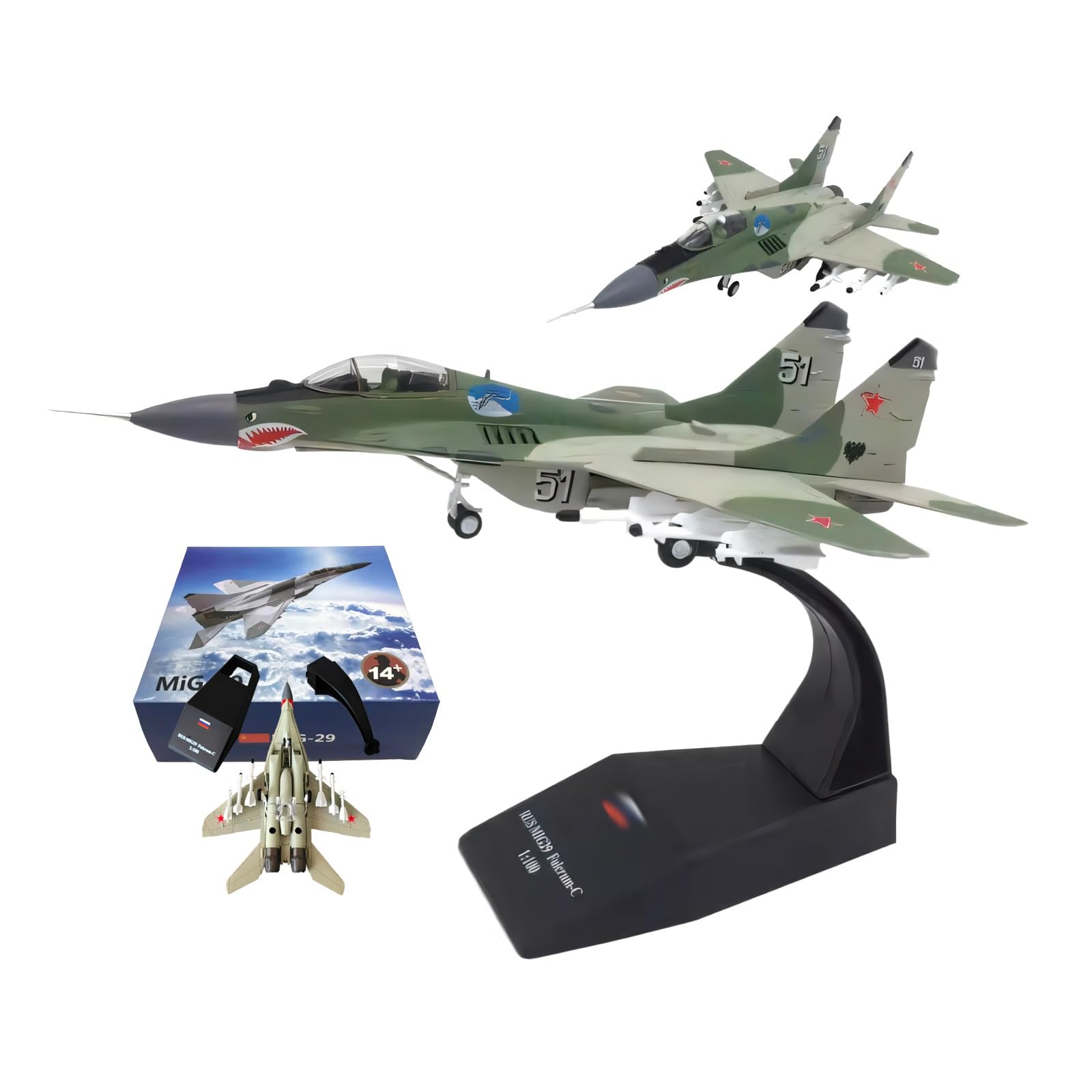 Modello aereo caccia MiG-29 in lega pressofusa scala 1/100, aereo militare collezione altamente dettagliato con supporto espositivo for appassionati di aviazione, collezionisti adulti