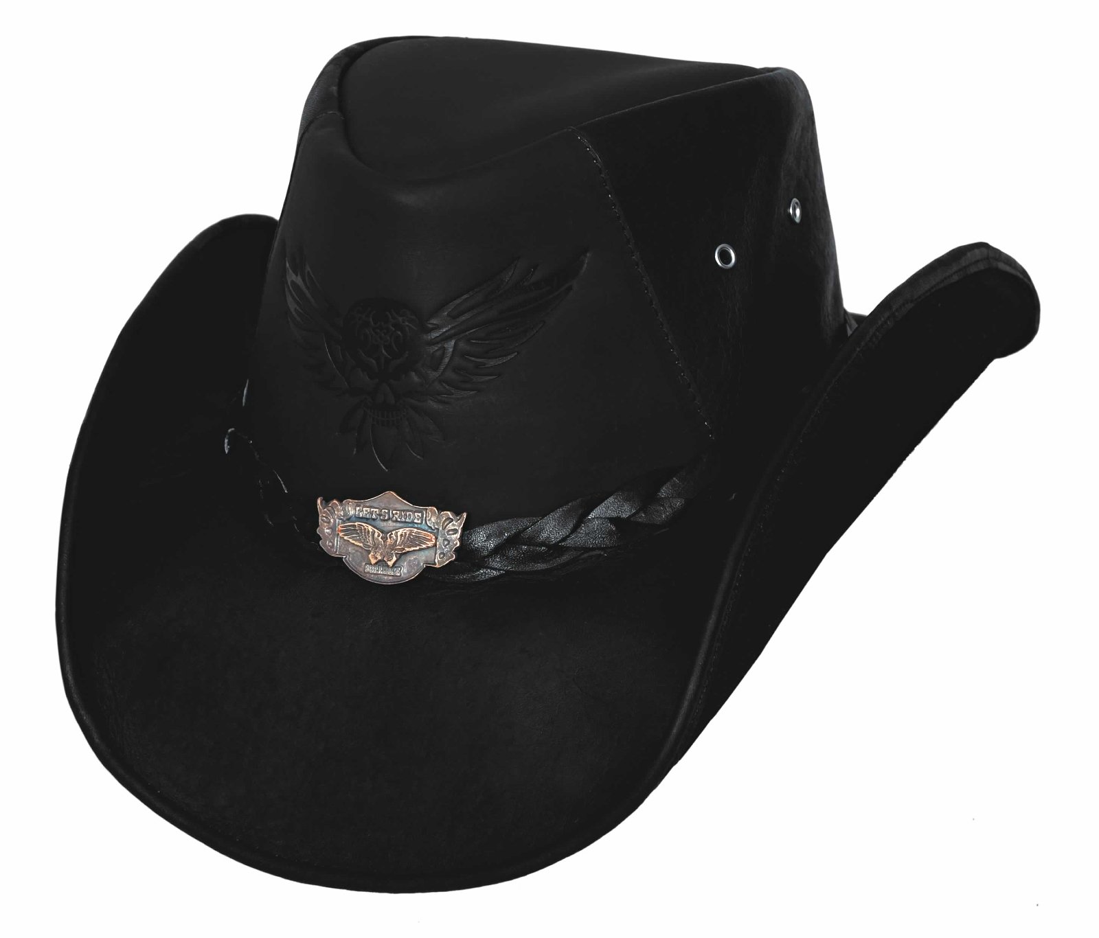 Bullhide HatsLeather Collection Men's King of The Road Top Grain Leather Cowboy Hat with 3 3/8" Brim and Chin Cord