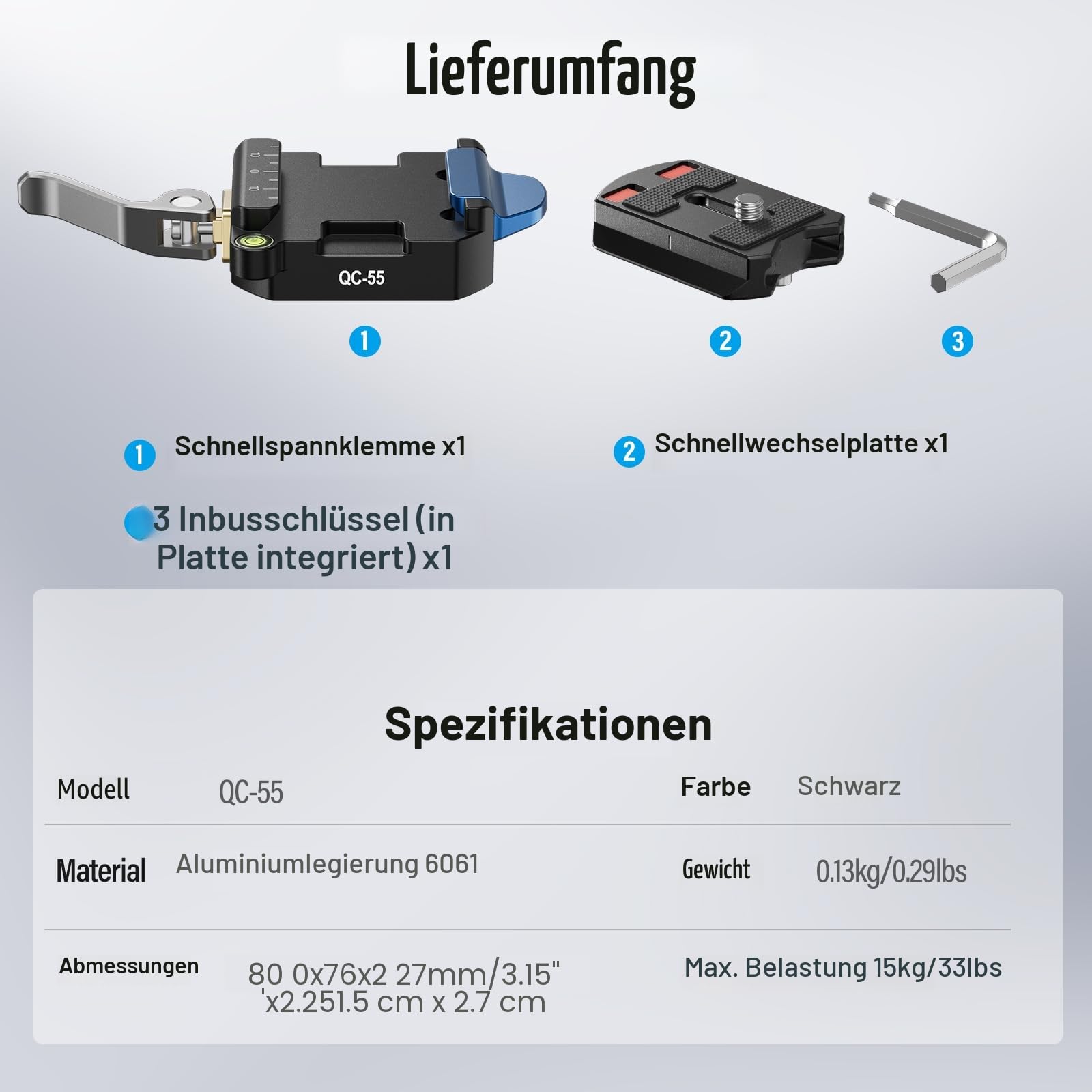 SIRUI 55mm Schnellwechselplatte für arca Swiss und Klemm-Basis-Set, Kamerahalterungsadapter mit 1/4 Zoll und 3/8 Zoll Gewinde für Stativ, Monopod, DSLR-Stabilisator, QC-55