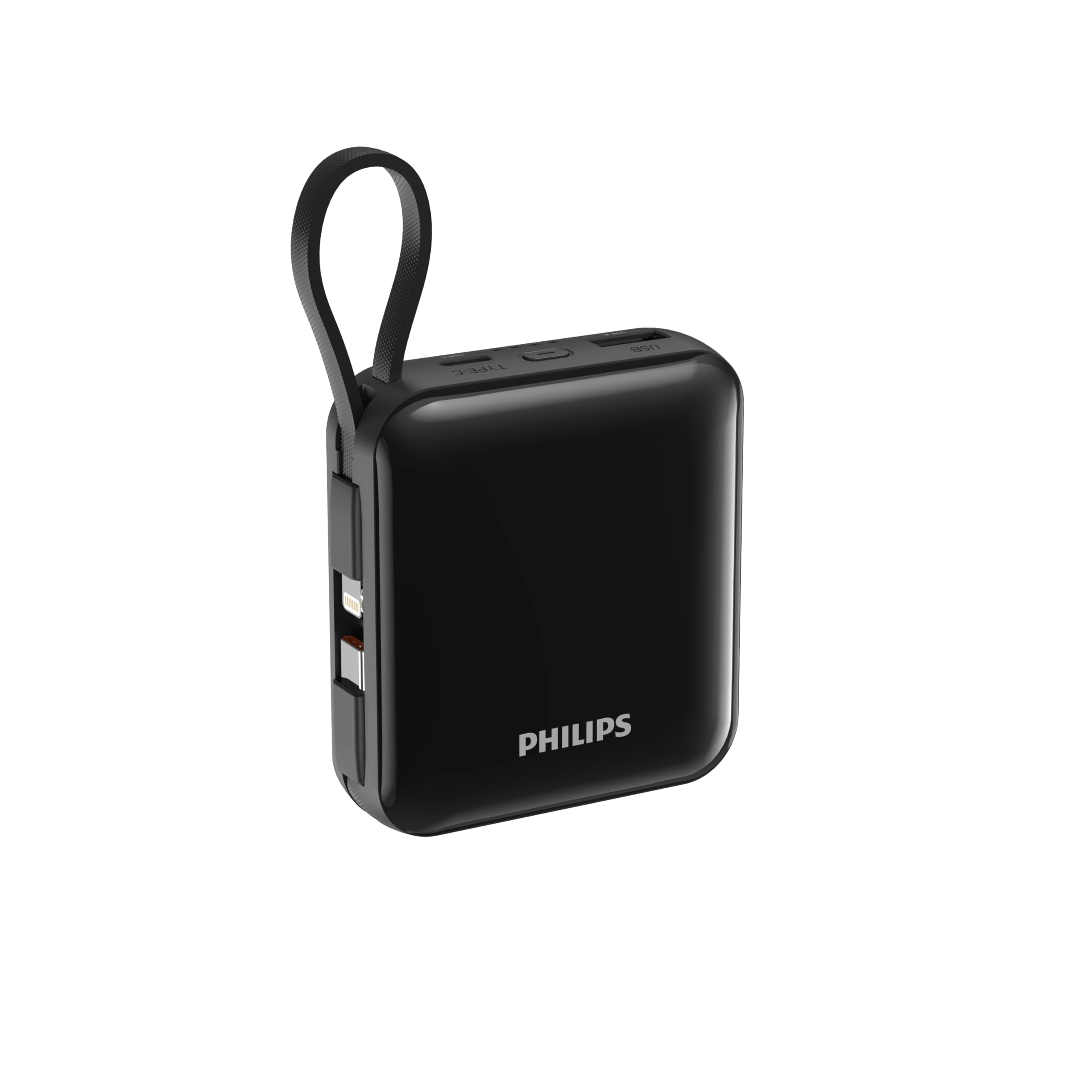 Philips 10000mAh Powerbank, front view showing USB-A and USB-C ports, and a power button with LED indicators.