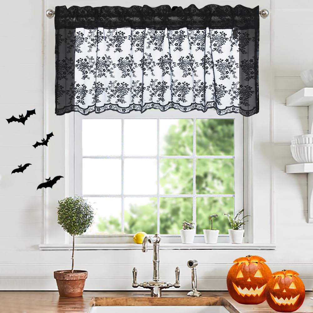 YJ YANJUN Hallowen Curtains for Windows 18" Long Black Floral Lace Gothic Scary Skull Gothic Halloween Decor 48" x 18", 1 Panel — image 1