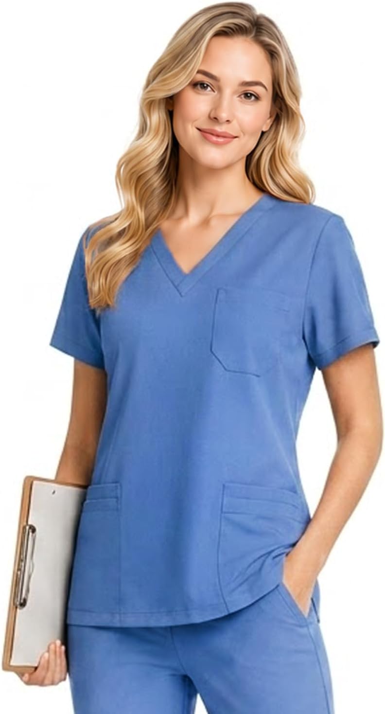 Women's V-Neck Uniform Scrub Top with 4 Pockets