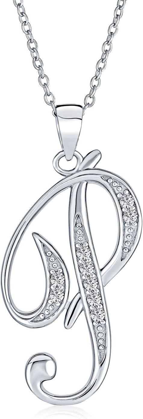 ABC Cubic Zirconia Pave CZ Cursive Script Letter Alphabet Initial Pendant Necklace For Teen Women .925 Sterling Silver