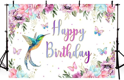 Miniatura 2 de MEHOFOND Fondo de cumpleaños de colibrí de 7 x 5 pies, fondo floral de acuarela de primavera para niña, suministros de fiesta de primer cumpleaños,